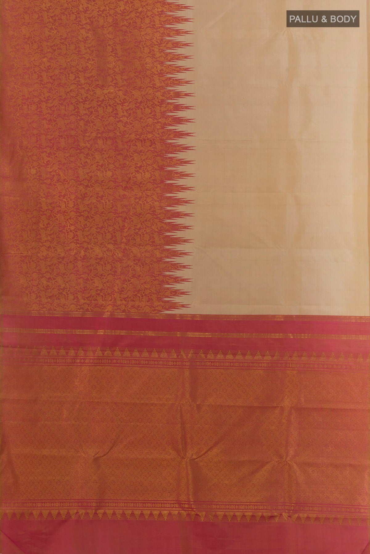 Flat view of Pure Silk Beige Kanchipuram Saree with Plain Body and Temple Border. 