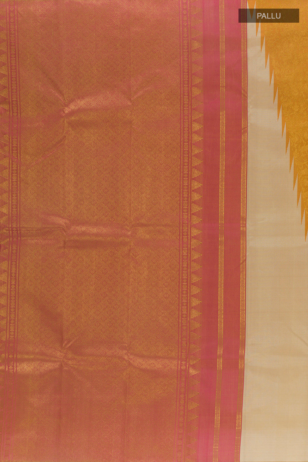Close up image of the pallu of Pure Silk Beige Kanchipuram Saree with Plain Body and Temple Border. 