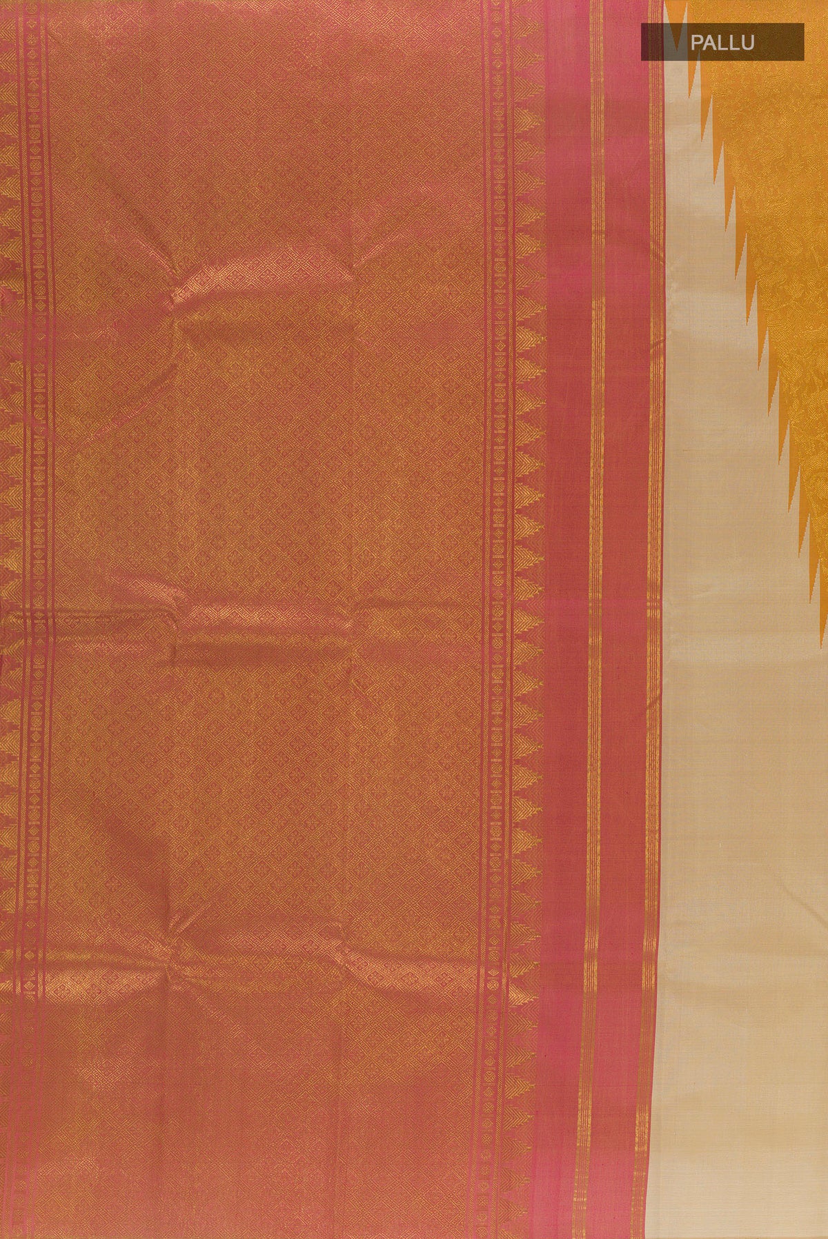 Close up image of the pallu of Pure Silk Beige Kanchipuram Saree with Plain Body and Temple Border. 