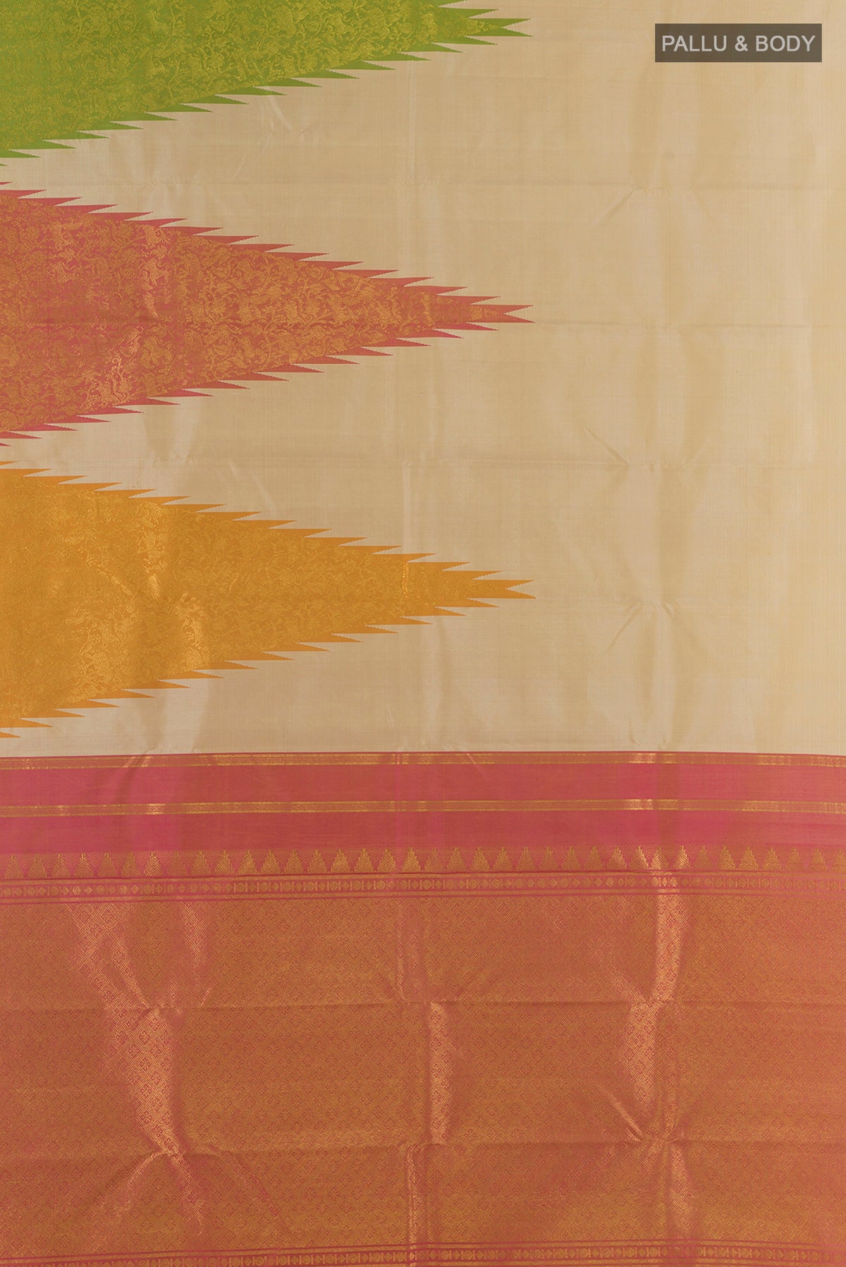 Flat view of Pure Silk Beige Kanchipuram Saree with Plain Body and Temple Border. 