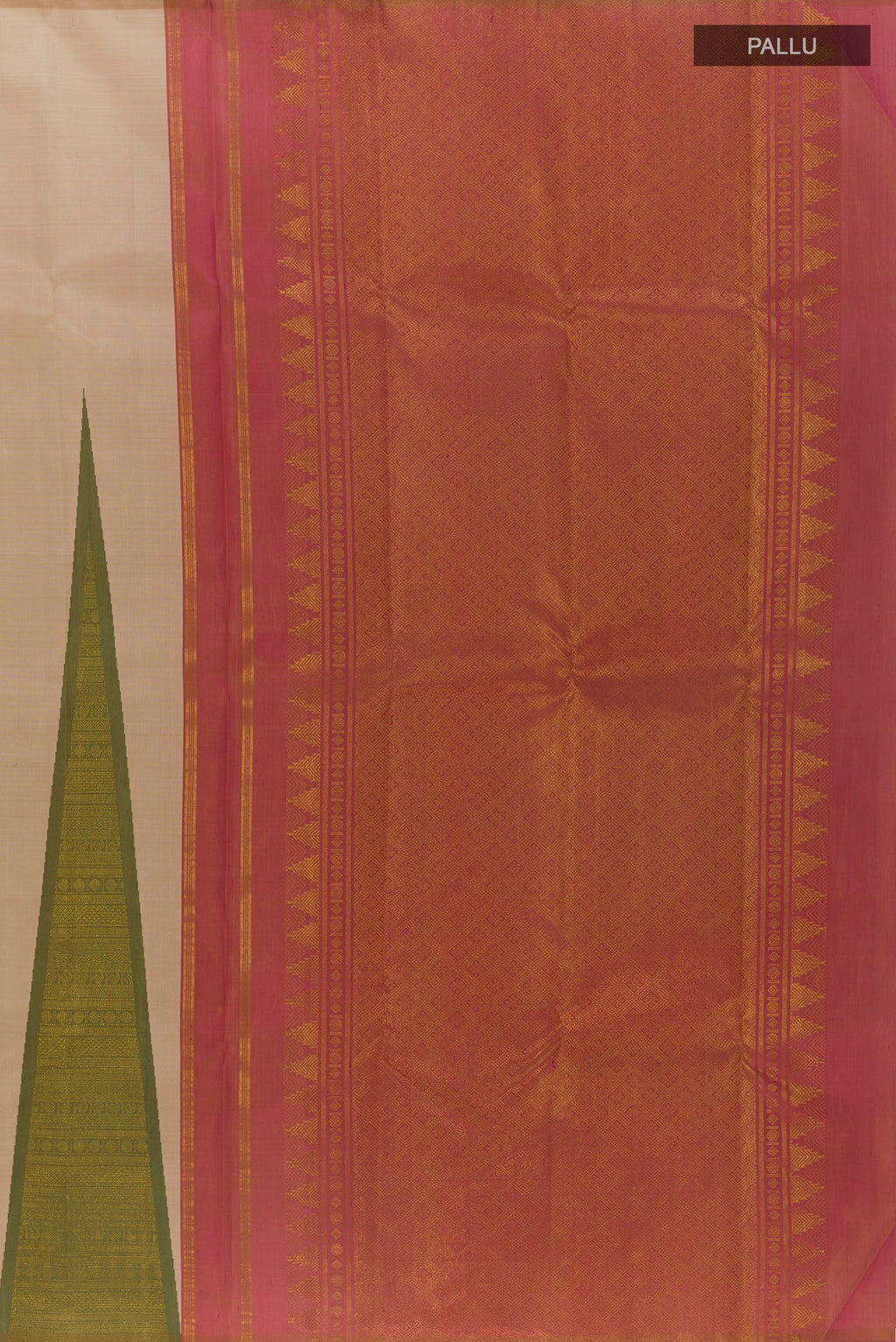 Close up image of the pallu of Pure Silk Cream Kanchipuram Saree with Plain Body and Temple Border. 