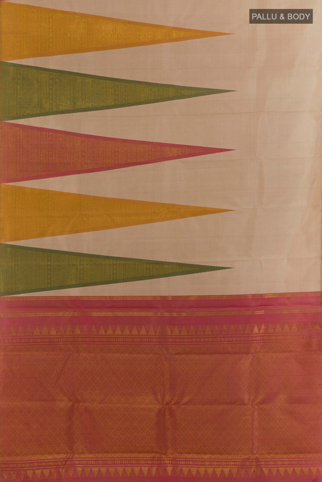 Flat view of Pure Silk Cream Kanchipuram Saree with Plain Body and Temple Border. 
