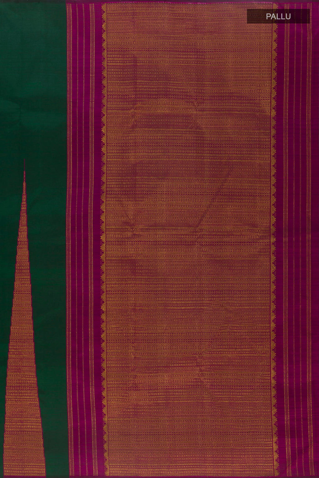 Close up image of the pallu of Pure Silk Green Kanchipuram Saree with Plain Body and Temple Border. 