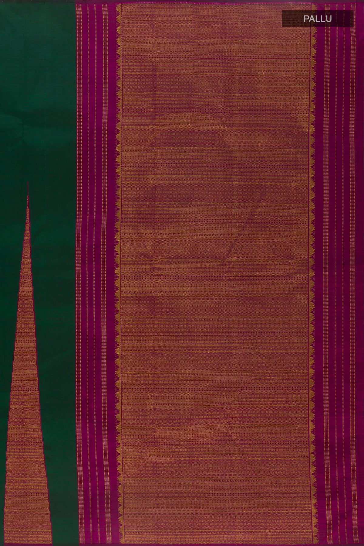 Close up image of the pallu of Pure Silk Green Kanchipuram Saree with Plain Body and Temple Border. 