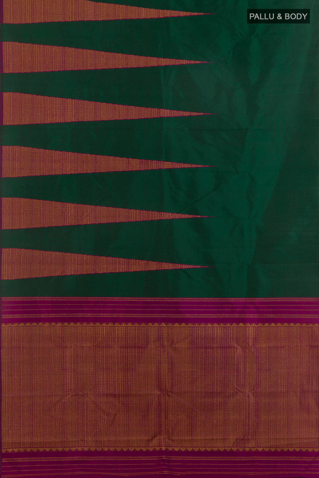 Flat view of Pure Silk Green Kanchipuram Saree with Plain Body and Temple Border. 