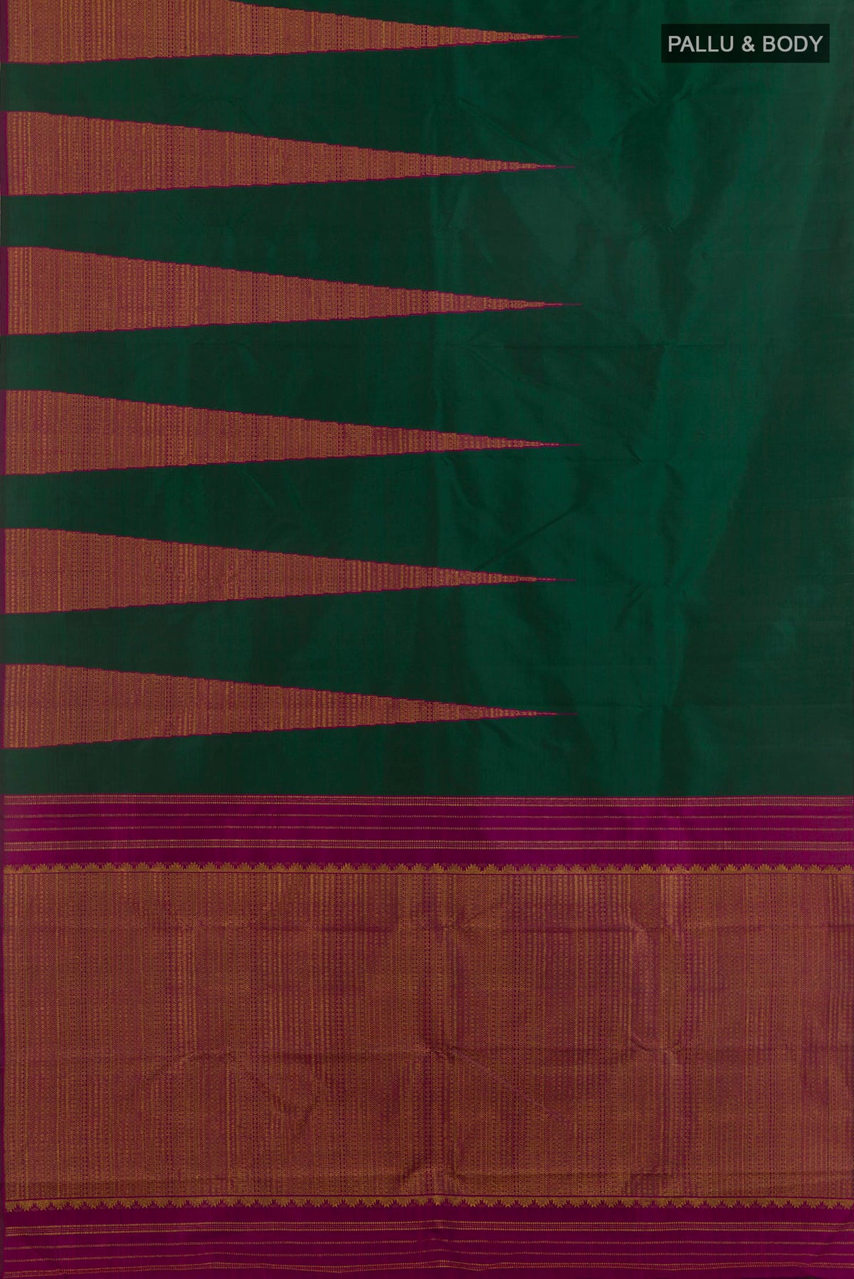 Flat view of Pure Silk Green Kanchipuram Saree with Plain Body and Temple Border. 