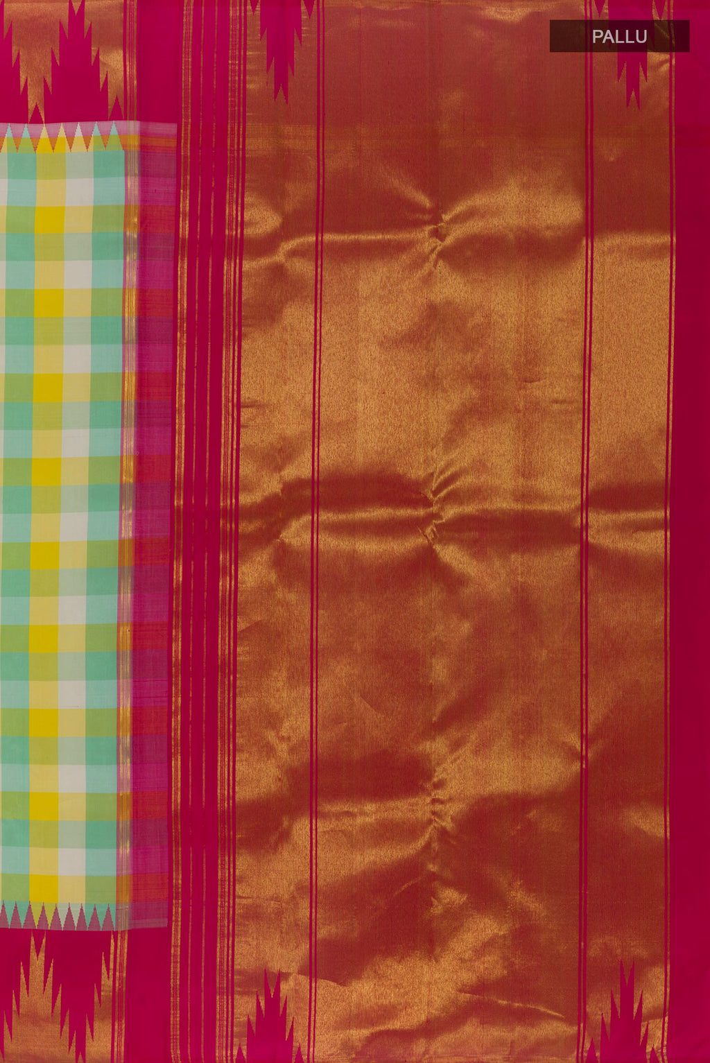 Close up image of the pallu of Pure Silk Multi Color Kanchipuram Saree with Checked design on the body and Temple Border. 