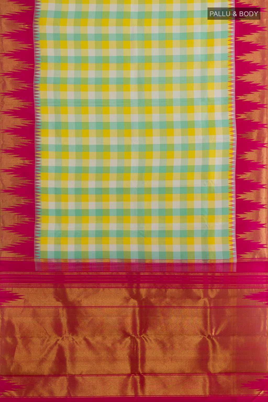 Flat view of Pure Silk Multi Color Kanchipuram Saree with Checked design on the body and Temple Border. 