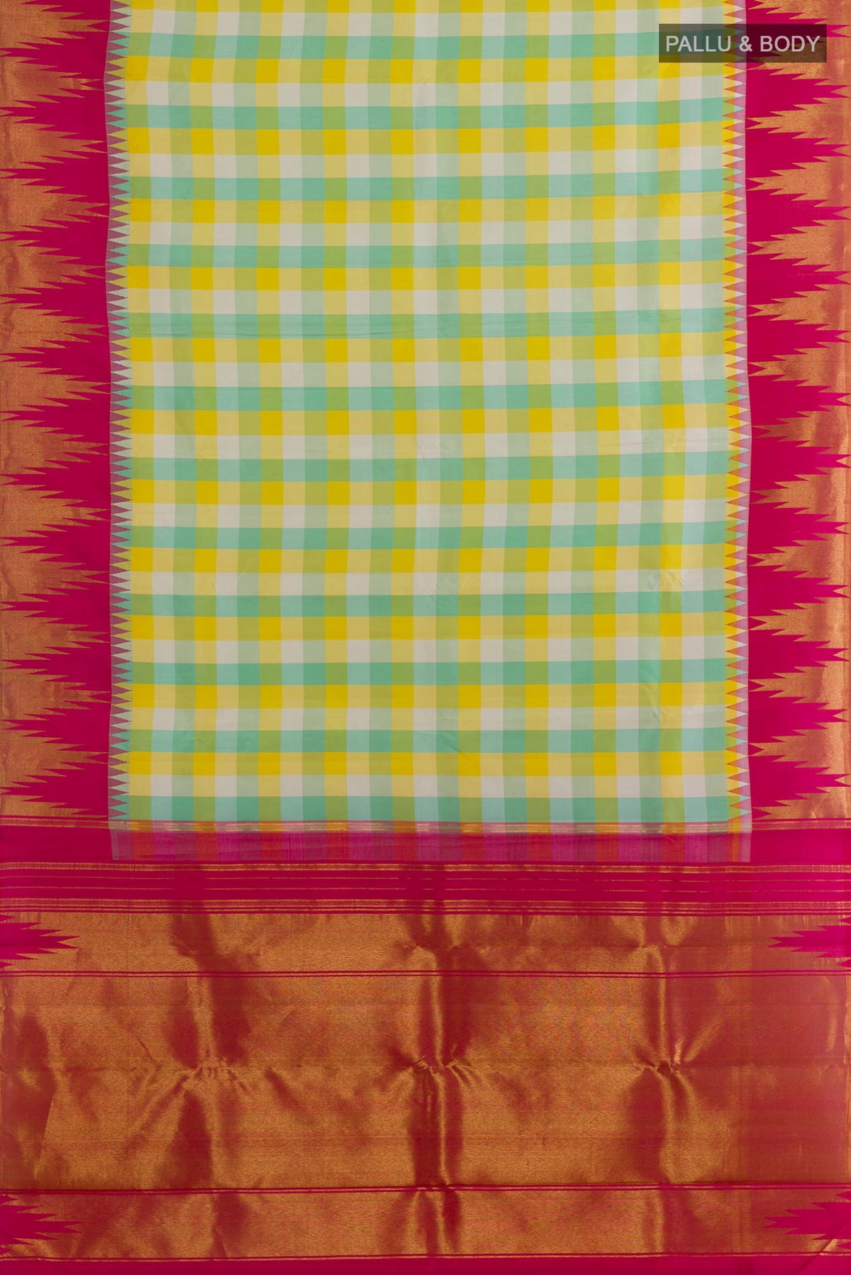 Flat view of Pure Silk Multi Color Kanchipuram Saree with Checked design on the body and Temple Border. 