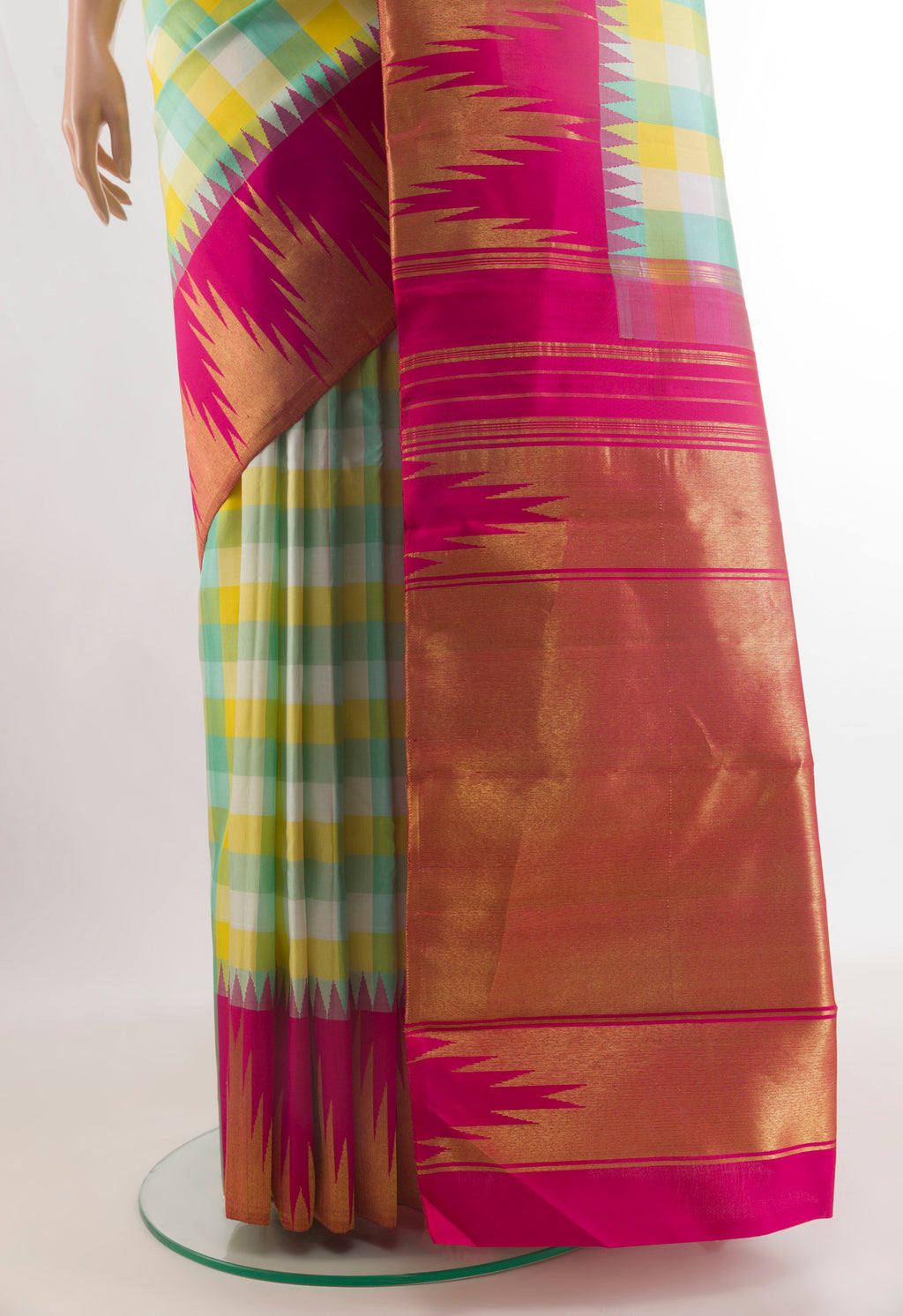 Pleats and pallu of Pure Silk Multi Color Kanchipuram Saree with Checked design on the body and Temple Border. 