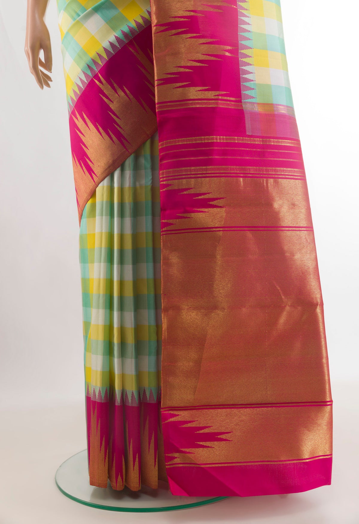 Pleats and pallu of Pure Silk Multi Color Kanchipuram Saree with Checked design on the body and Temple Border. 