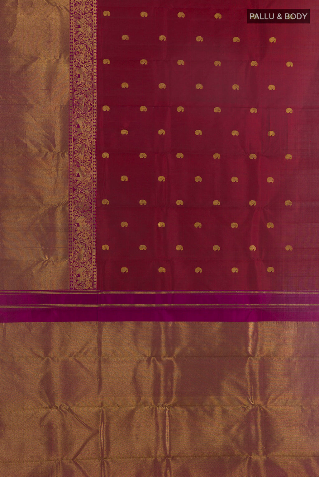 Flat view of Pure Silk Maroon Kanchipuram Saree with Zari Butta on the body and Zari Border. 