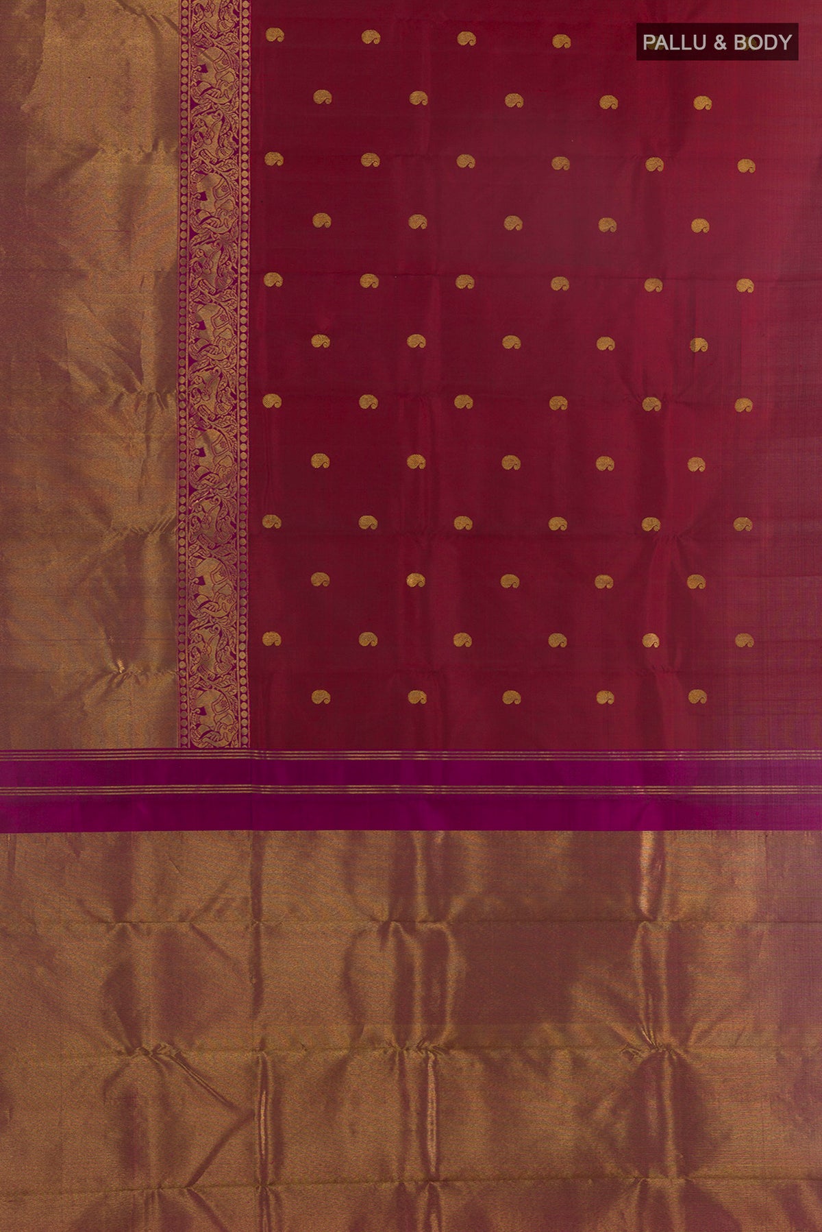 Flat view of Pure Silk Maroon Kanchipuram Saree with Zari Butta on the body and Zari Border. 