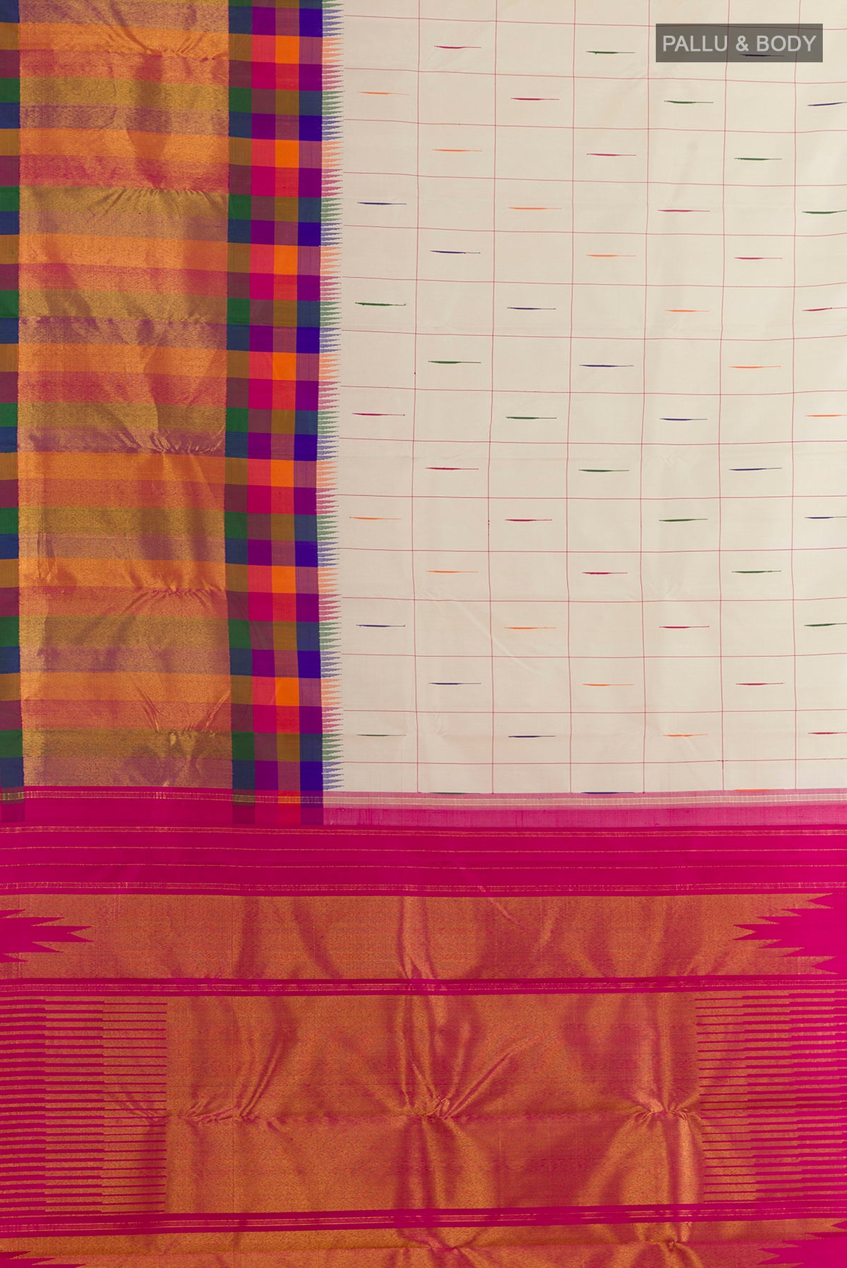 Flat view of Pure Silk Off White Kanchipuram Saree with Checked design on the body and Skirt Border. 