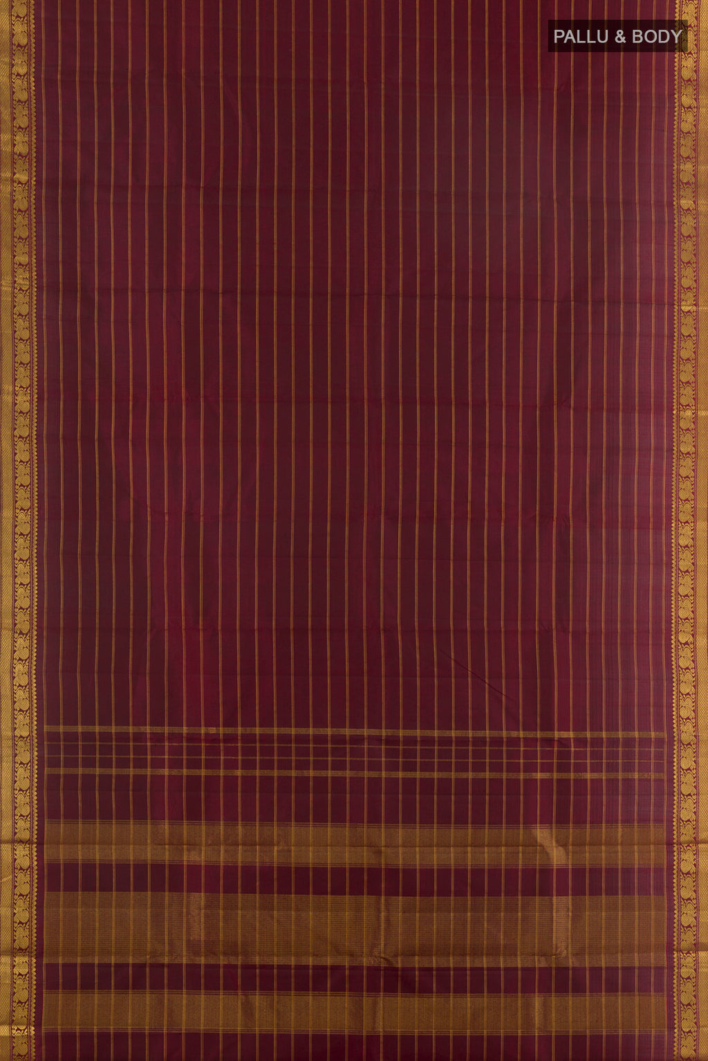 Flat view of Pure Silk Maroon Kanchipuram Saree with Stripes on the body and Zari Border. 