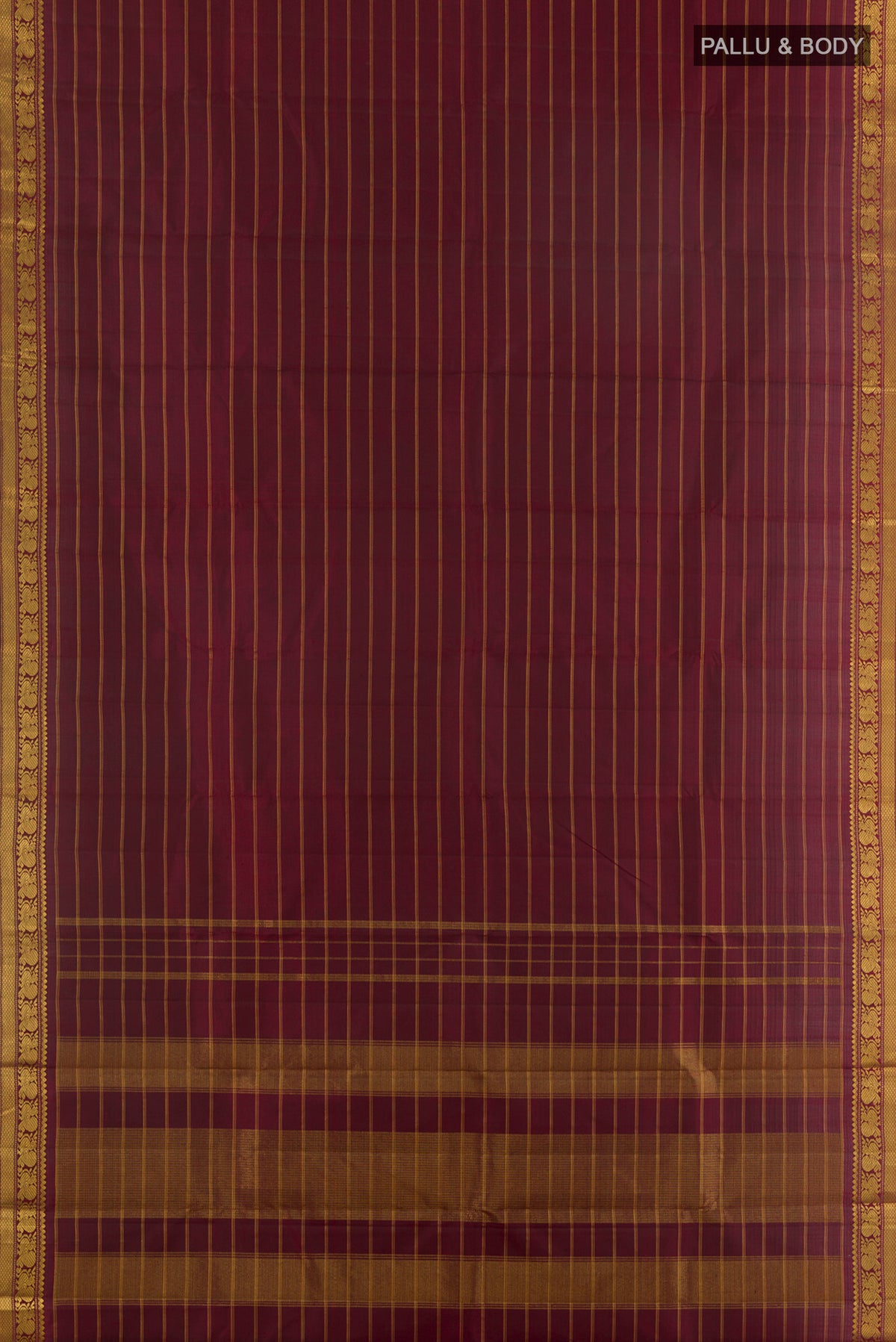 Flat view of Pure Silk Maroon Kanchipuram Saree with Stripes on the body and Zari Border. 