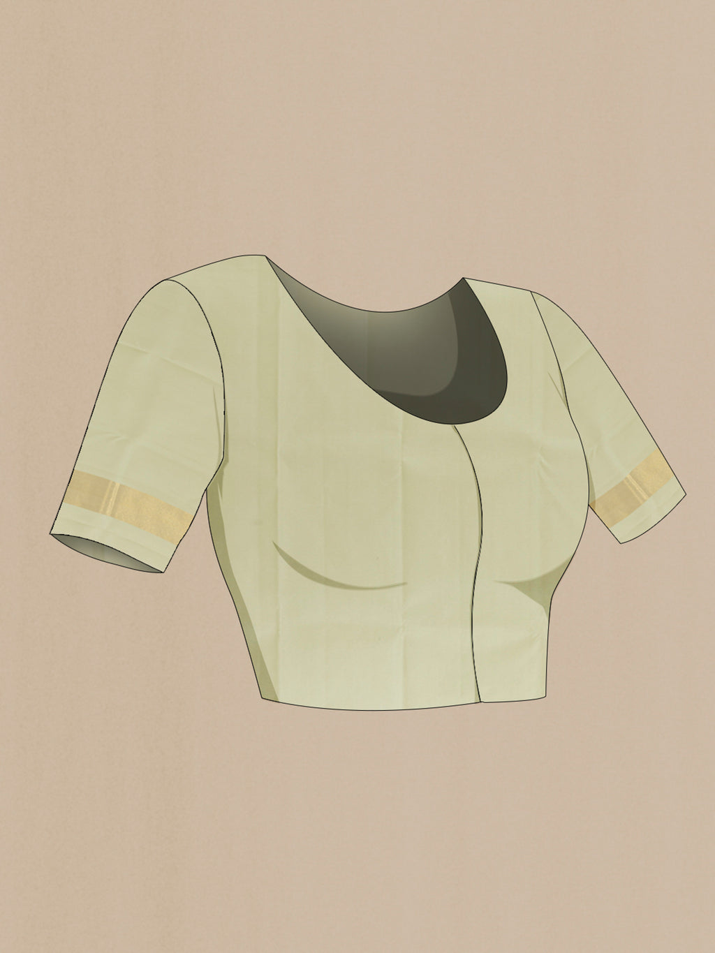 Close up image of the blouse of Pure Silk Cream Kanjivaram Saree with Plain Body and Zari Border. 