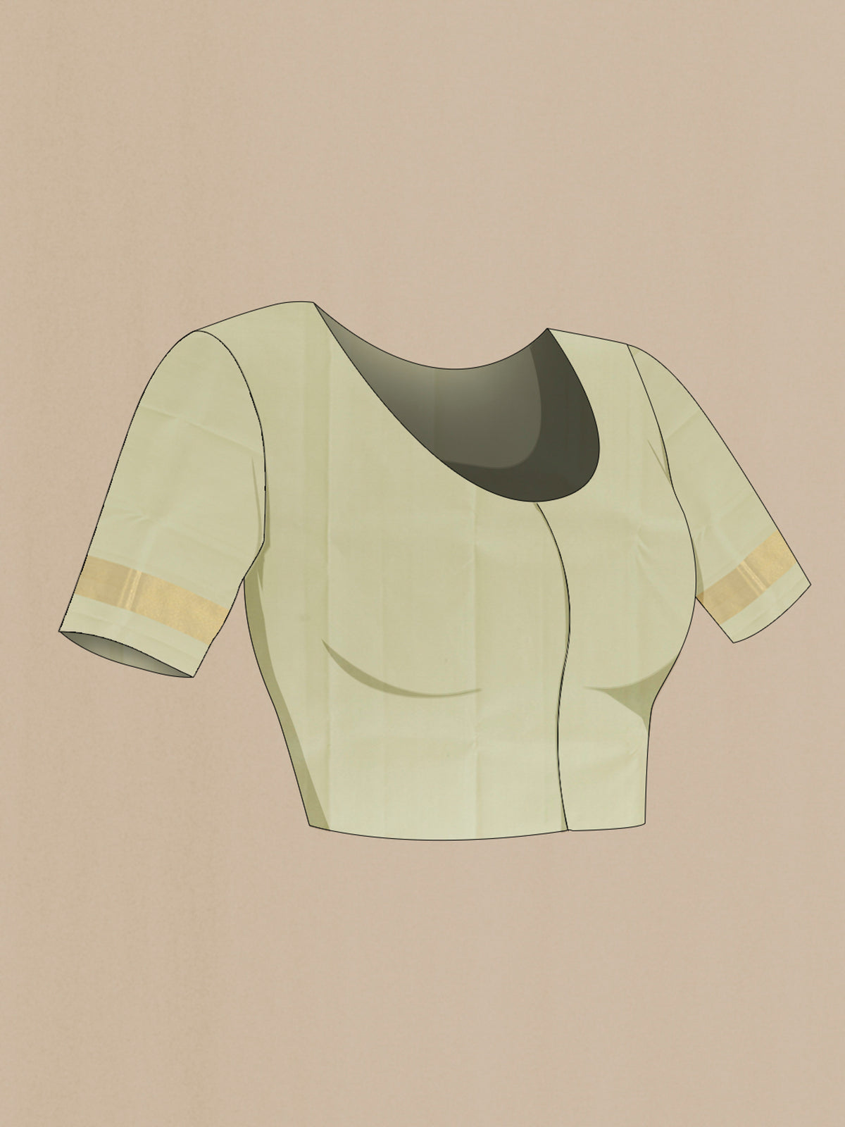 Close up image of the blouse of Pure Silk Cream Kanjivaram Saree with Plain Body and Zari Border. 