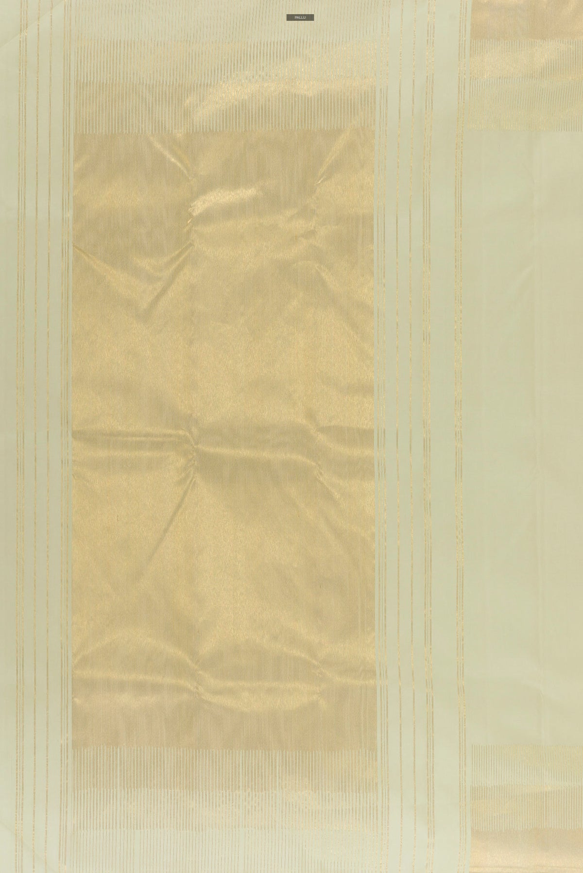 Close up image of the pallu of Pure Silk Cream Kanjivaram Saree with Plain Body and Zari Border. 