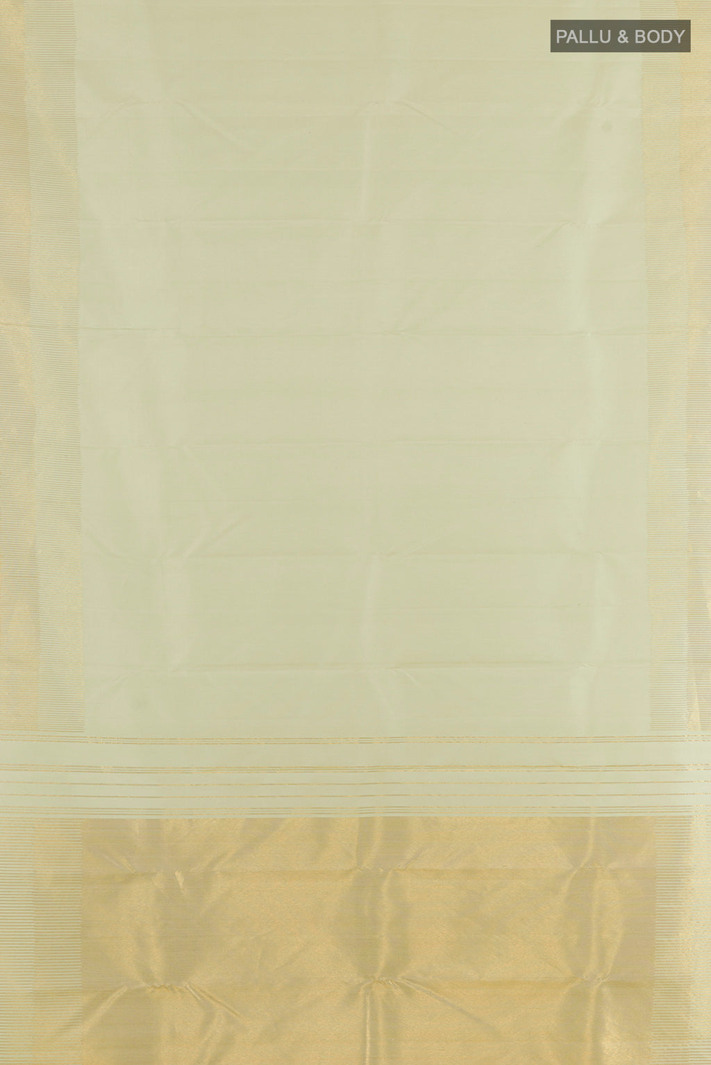 Flat view of Pure Silk Cream Kanjivaram Saree with Plain Body and Zari Border. 