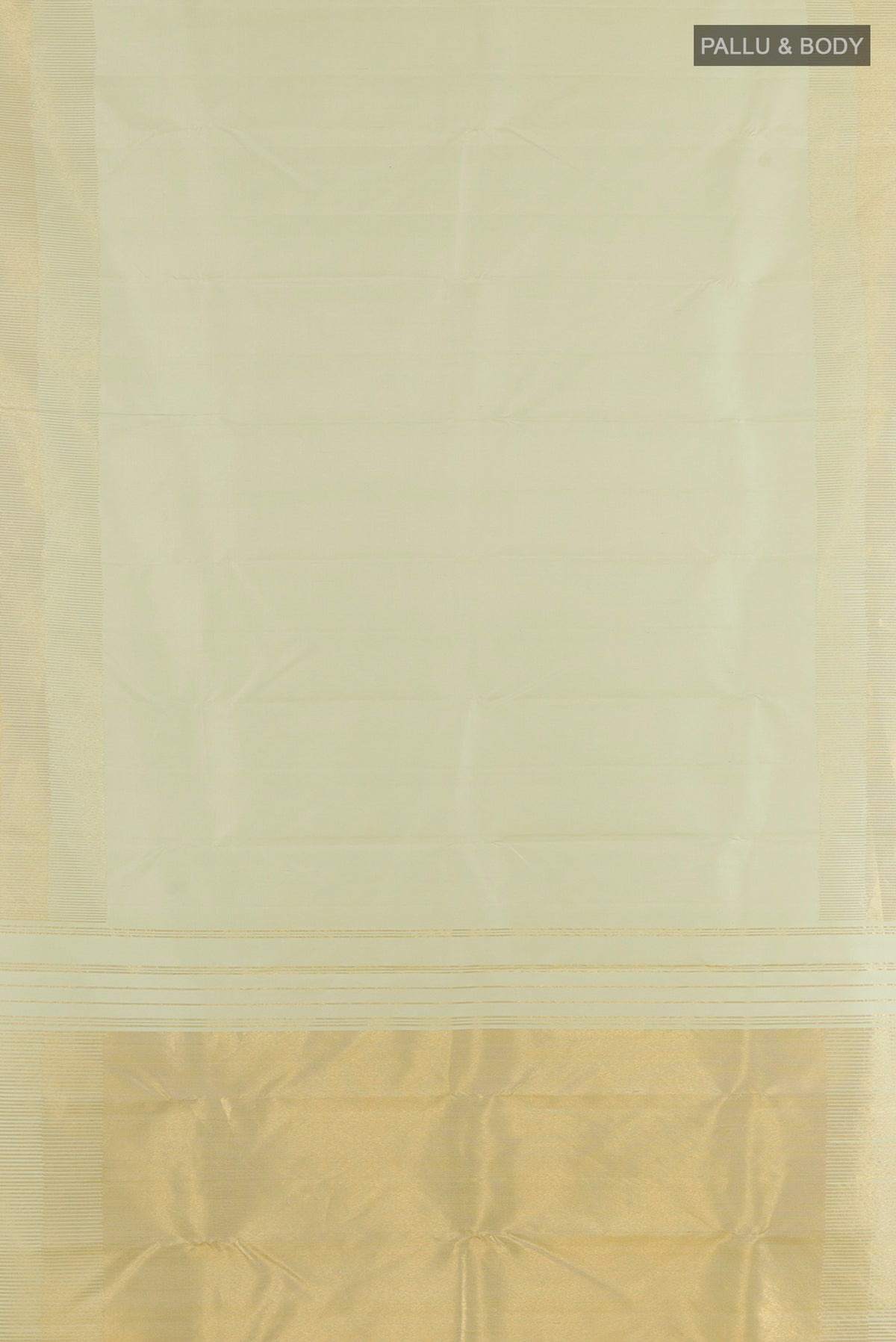Flat view of Pure Silk Cream Kanjivaram Saree with Plain Body and Zari Border. 