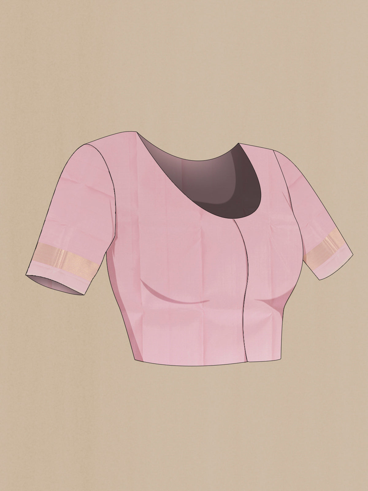 Close up image of the blouse of Pure Silk Rose pink Kanjivaram Saree with Plain Body and Zari Border. 