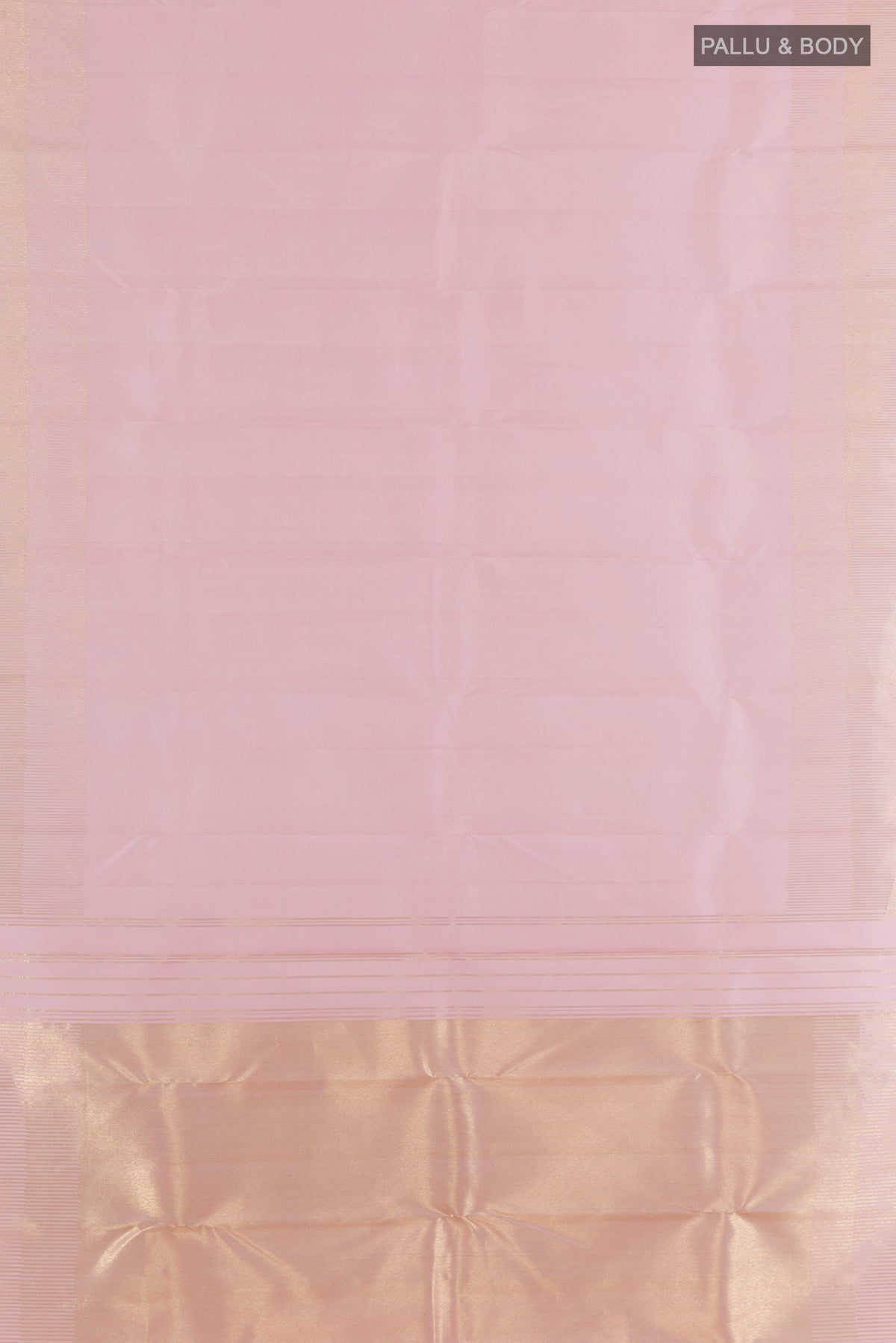 Flat view of Pure Silk Rose pink Kanjivaram Saree with Plain Body and Zari Border. 