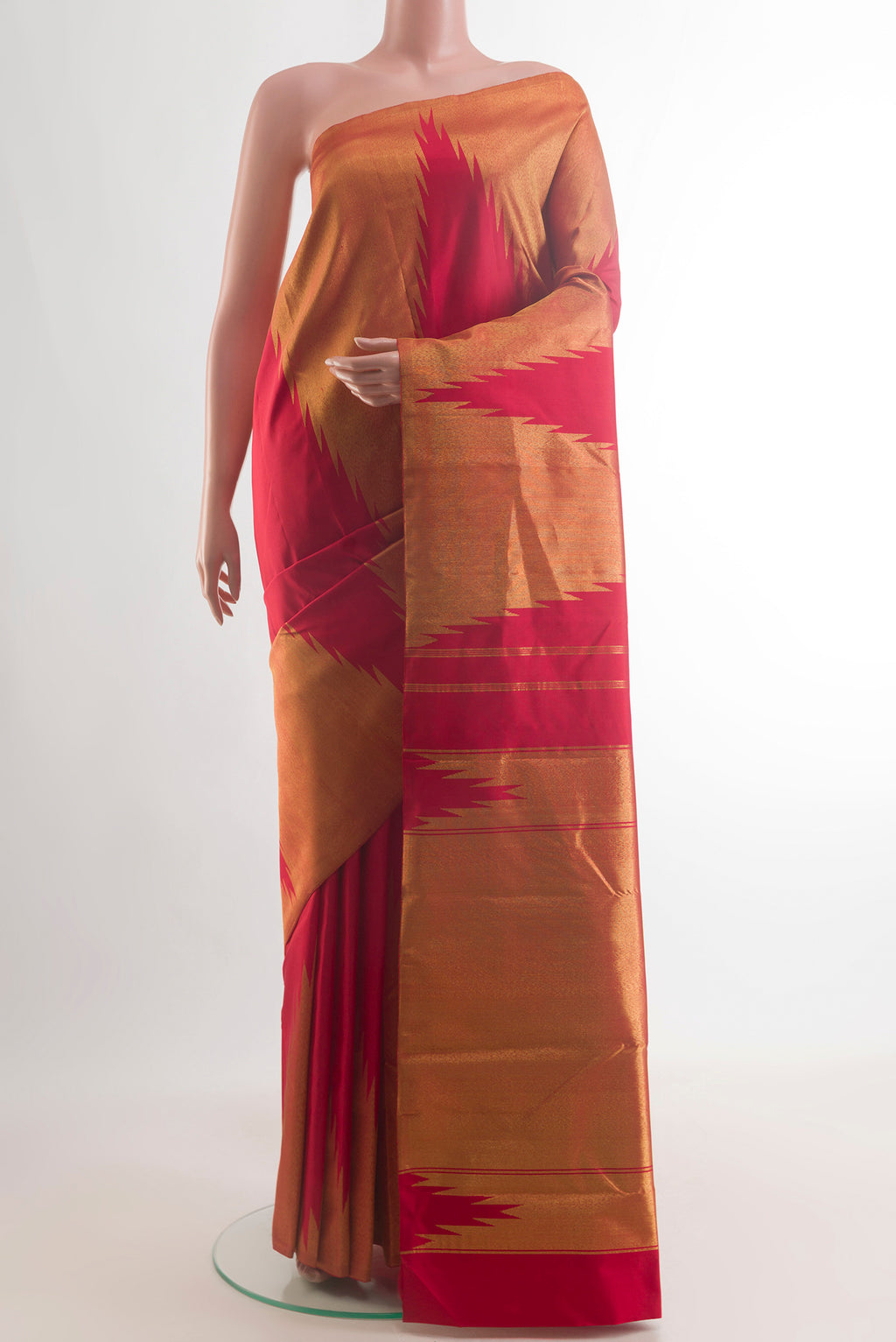 Pure Silk Red Kanjivaram Saree with Plain Body and Temple Border.  displayed on a mannequin