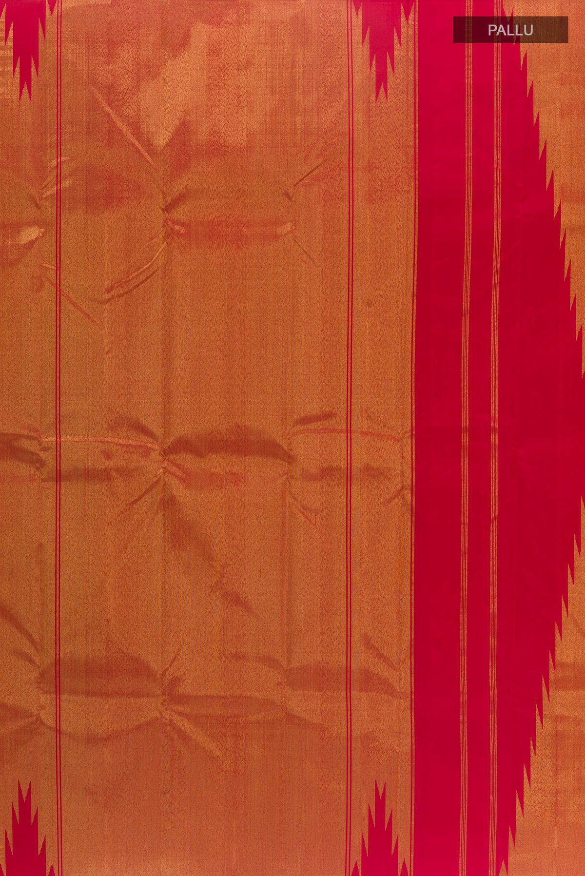 Close up image of the pallu of Pure Silk Red Kanjivaram Saree with Plain Body and Temple Border. 