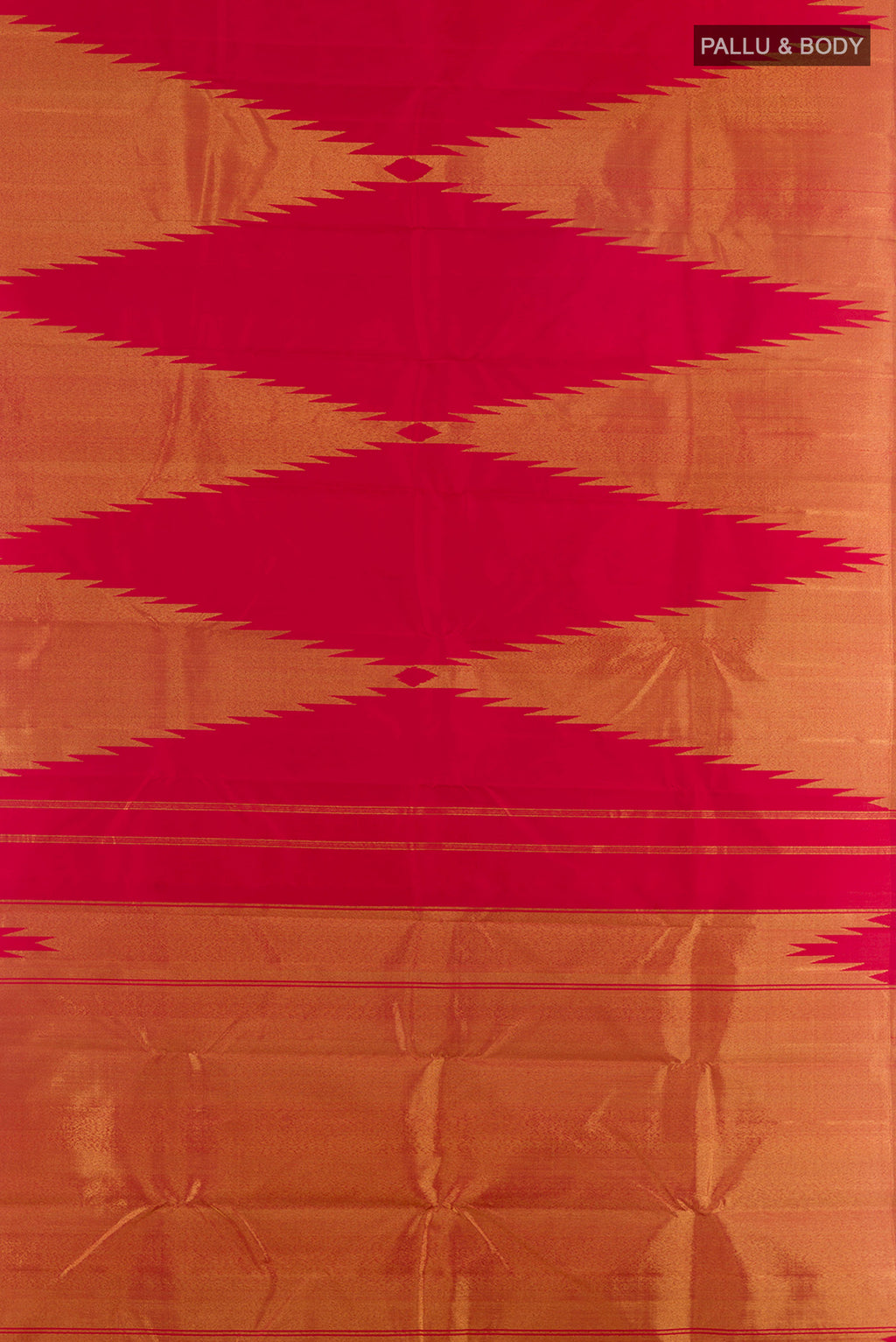 Flat view of Pure Silk Red Kanjivaram Saree with Plain Body and Temple Border. 