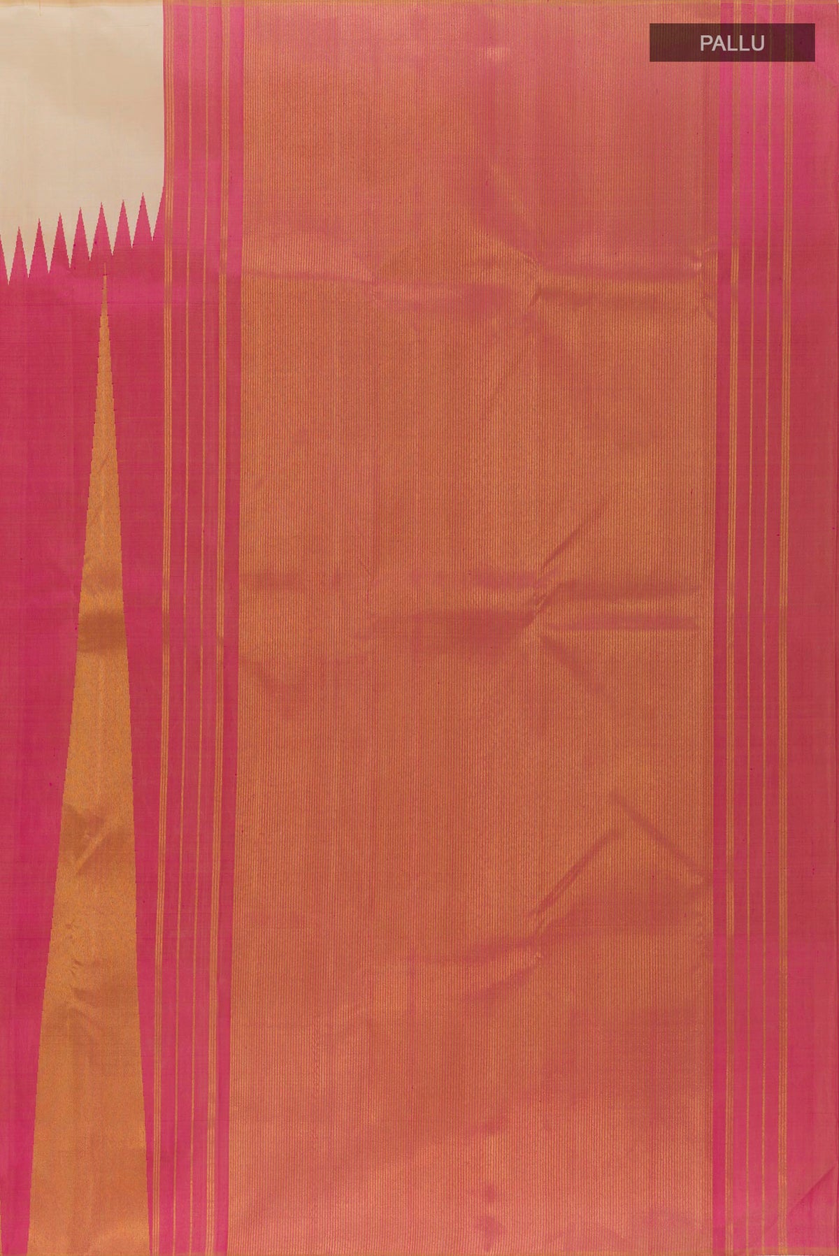 Close up image of the pallu of Pure Silk Cream Kanjivaram Saree with Plain Body and Rising Temple Border. 