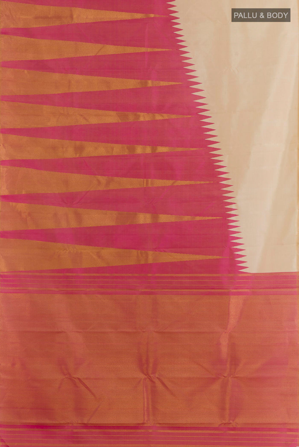 Flat view of Pure Silk Cream Kanjivaram Saree with Plain Body and Rising Temple Border. 