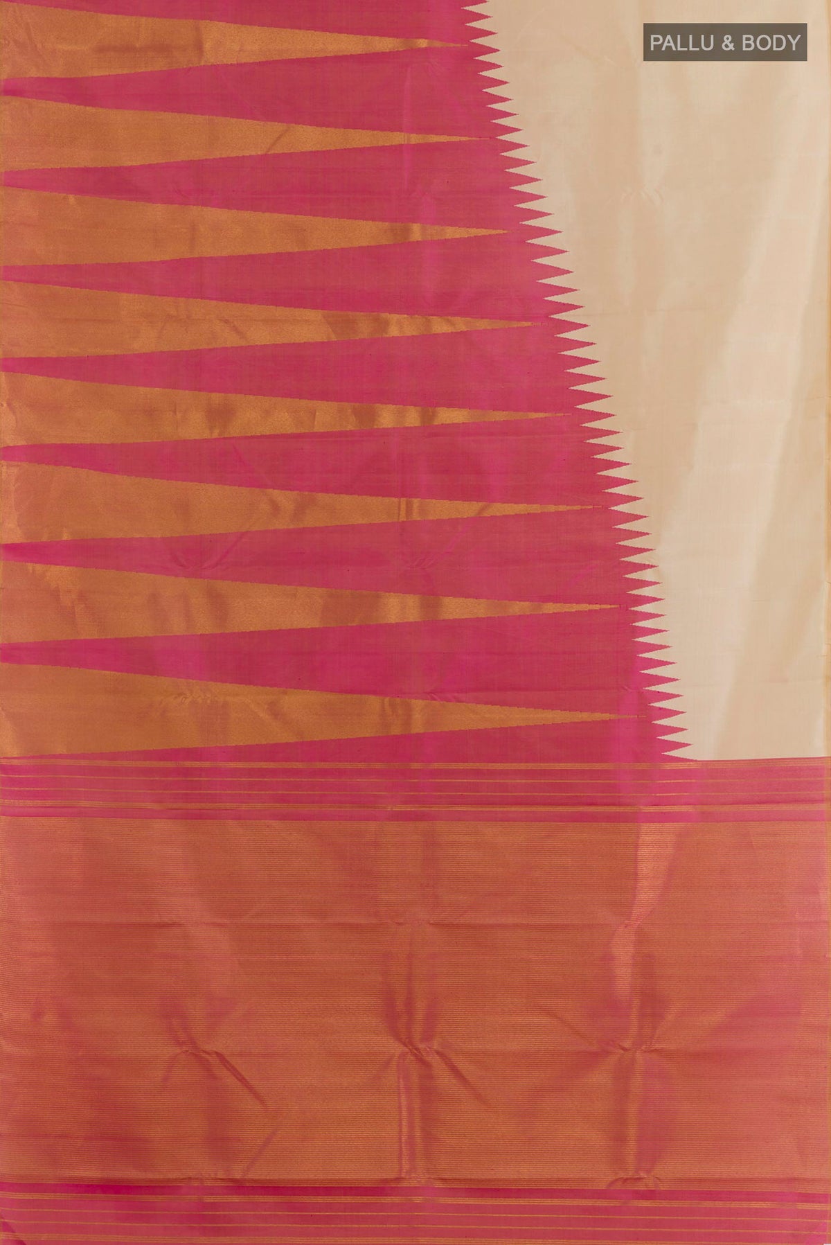 Flat view of Pure Silk Cream Kanjivaram Saree with Plain Body and Rising Temple Border. 