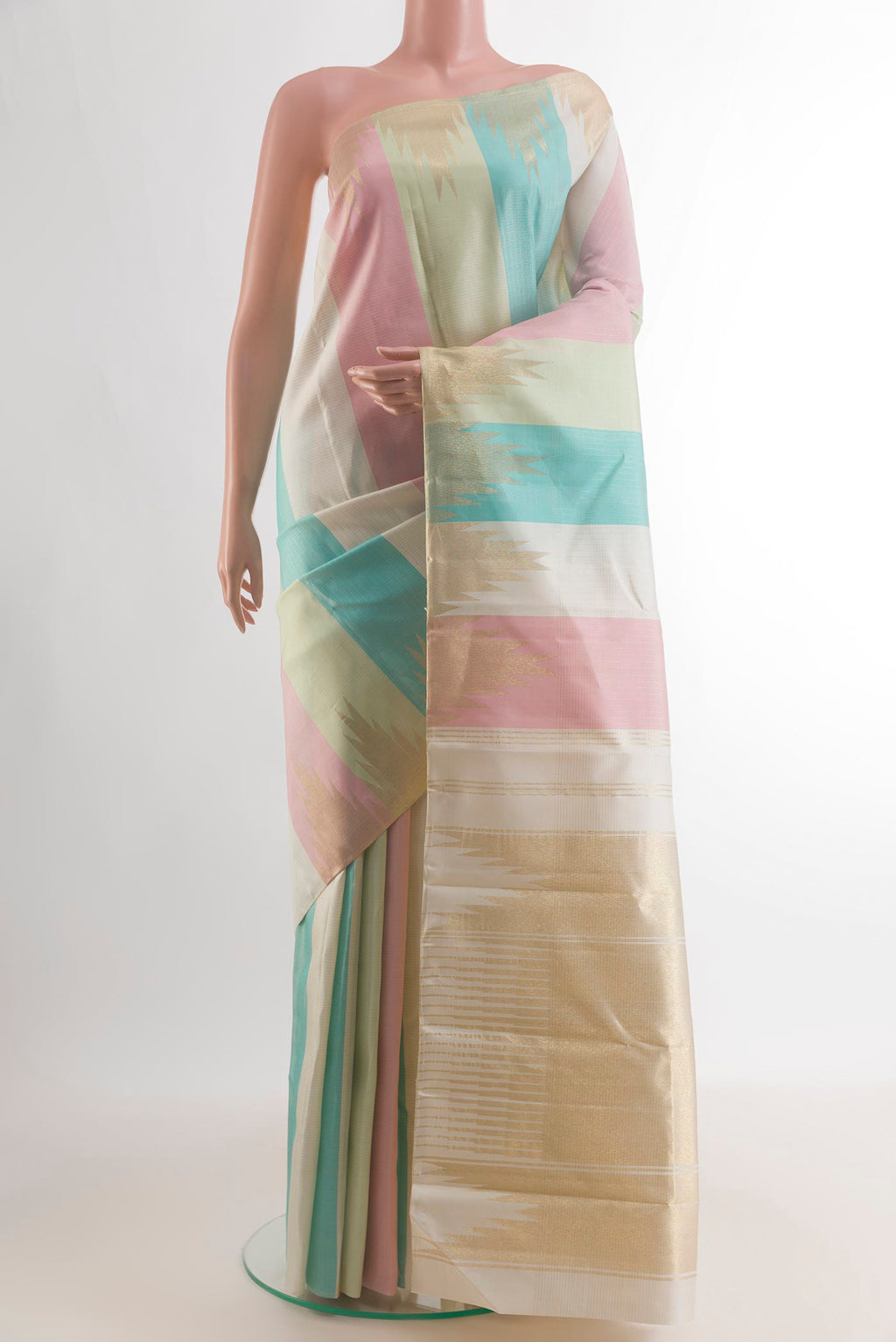 Pure Silk Multi Color Kanjivaram Saree with Stripes on the body and Temple Border.  displayed on a mannequin