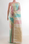 Pure Silk Multi Color Kanjivaram Saree with Stripes on the body and Temple Border.  displayed on a mannequin