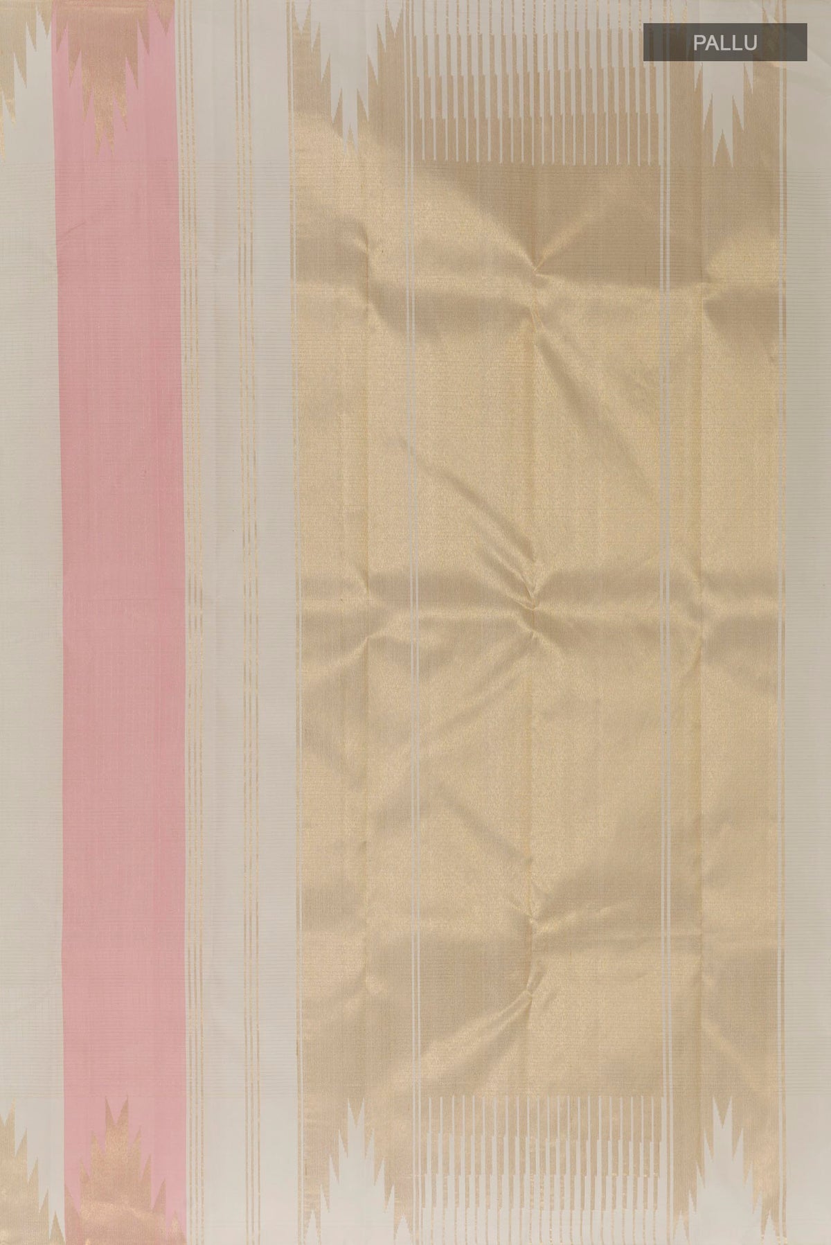Close up image of the pallu of Pure Silk Multi Color Kanjivaram Saree with Stripes on the body and Temple Border. 
