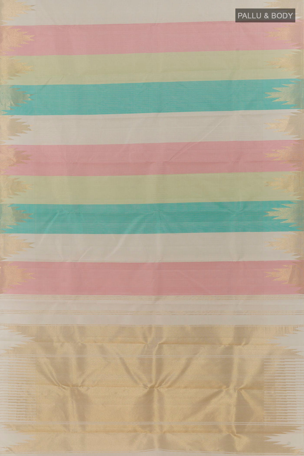 Flat view of Pure Silk Multi Color Kanjivaram Saree with Stripes on the body and Temple Border. 