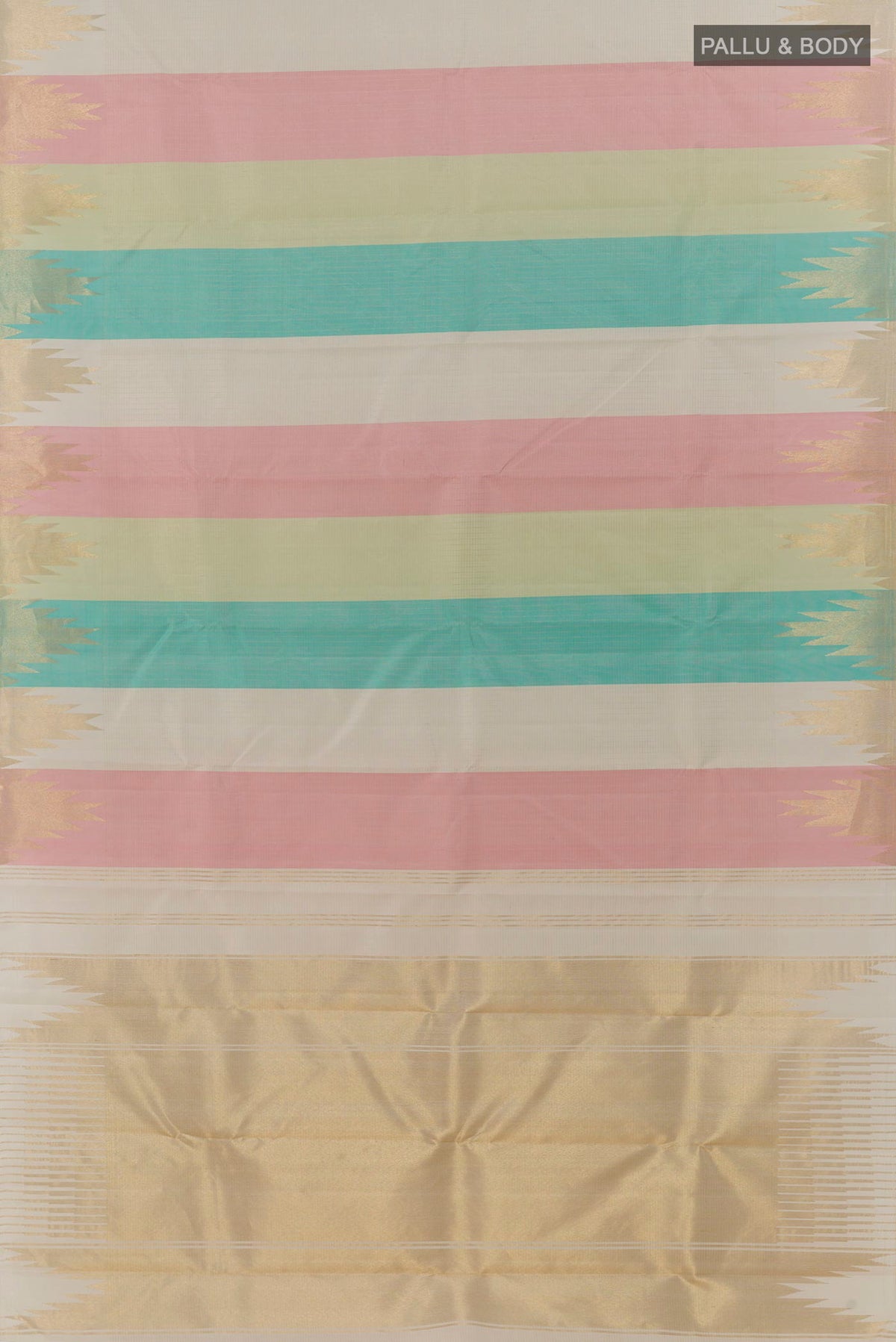 Flat view of Pure Silk Multi Color Kanjivaram Saree with Stripes on the body and Temple Border. 