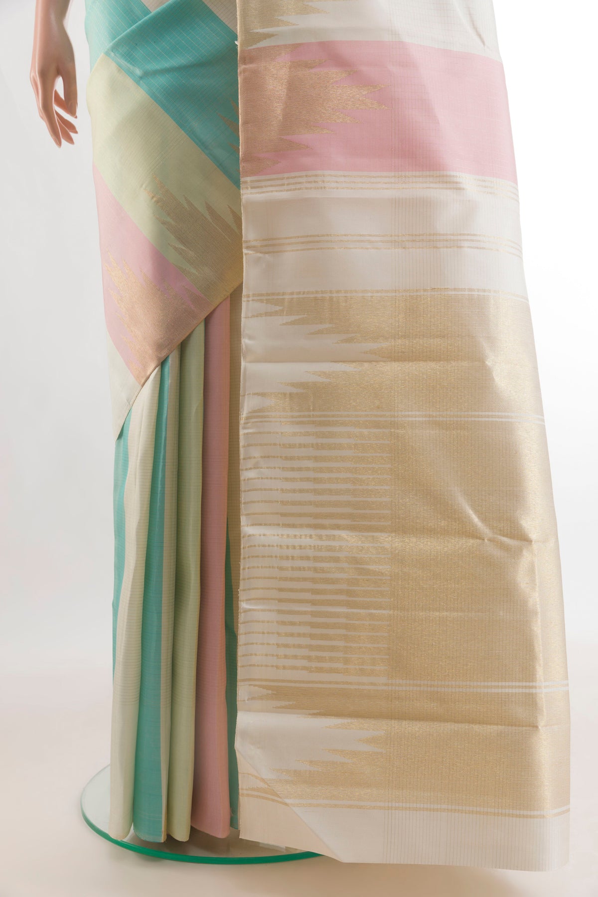 Pleats and pallu of Pure Silk Multi Color Kanjivaram Saree with Stripes on the body and Temple Border. 