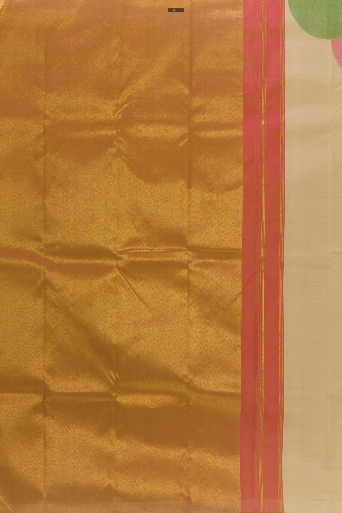Close up image of the pallu of Pure Silk Beige Kanchipuram Saree with Plain Body and Fancy Border. 