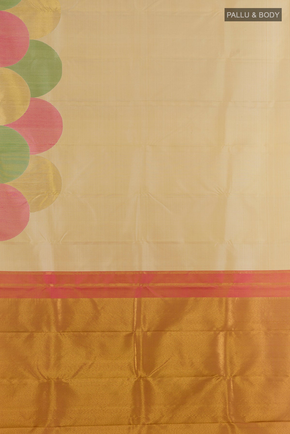 Flat view of Pure Silk Beige Kanchipuram Saree with Plain Body and Fancy Border. 