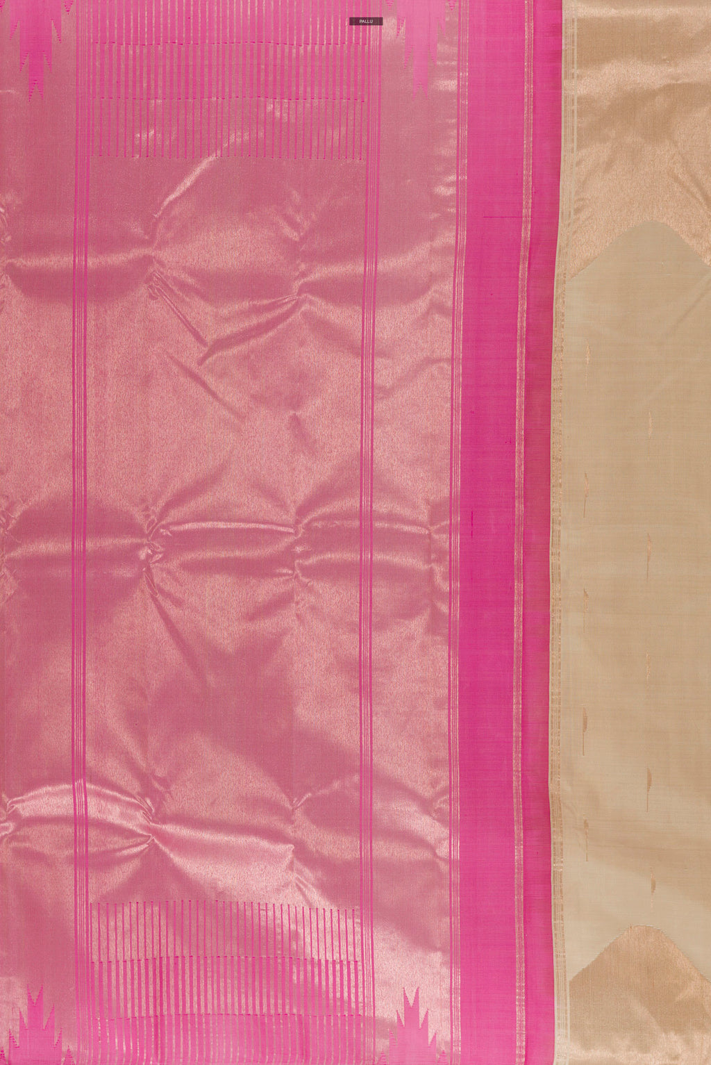 Close up image of the pallu of Pure Silk Beige Kanchipuram Saree with Zari Butta on the body and Zari Border. 