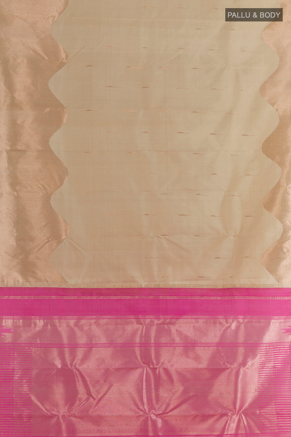 Flat view of Pure Silk Beige Kanchipuram Saree with Zari Butta on the body and Zari Border. 