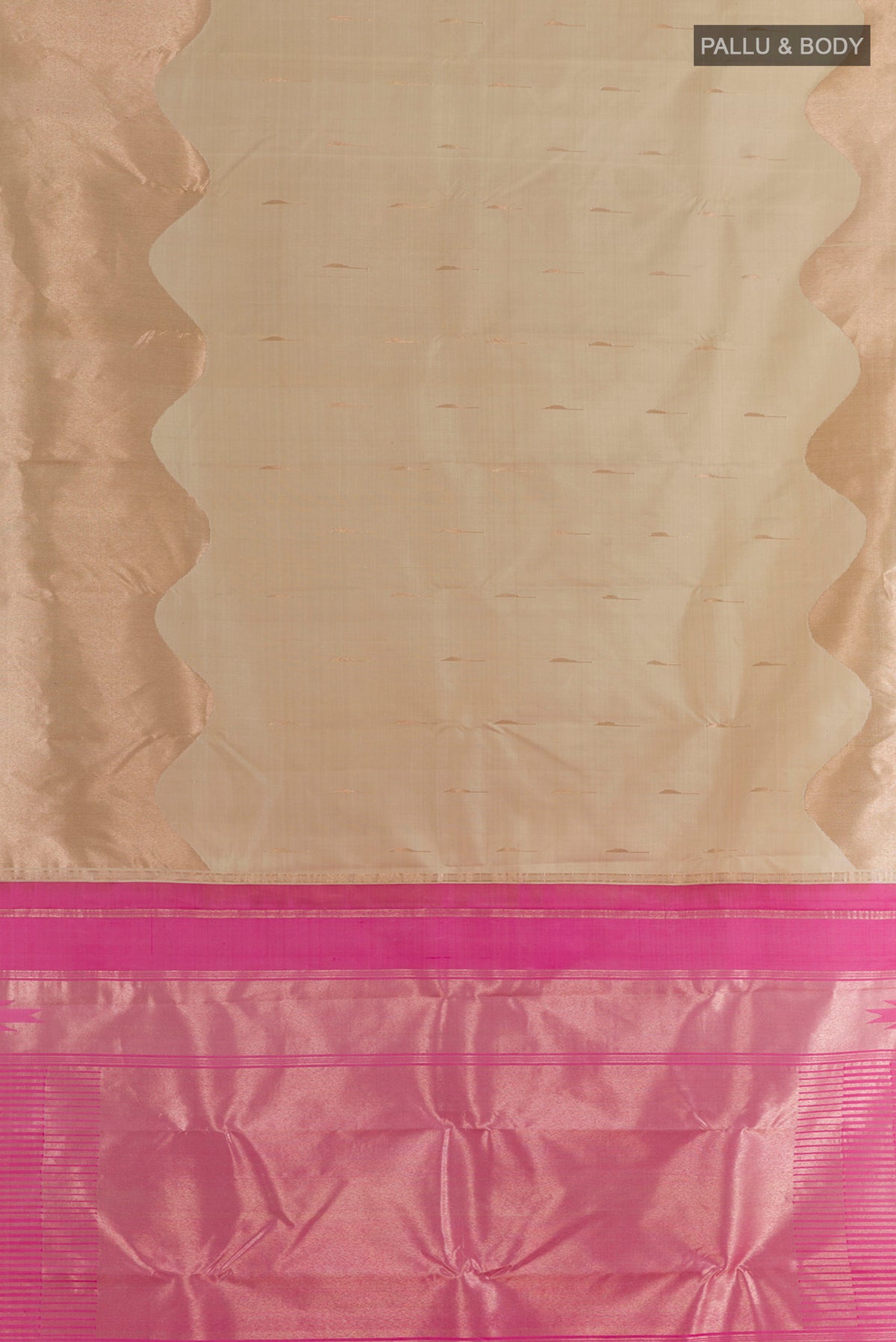 Flat view of Pure Silk Beige Kanchipuram Saree with Zari Butta on the body and Zari Border. 