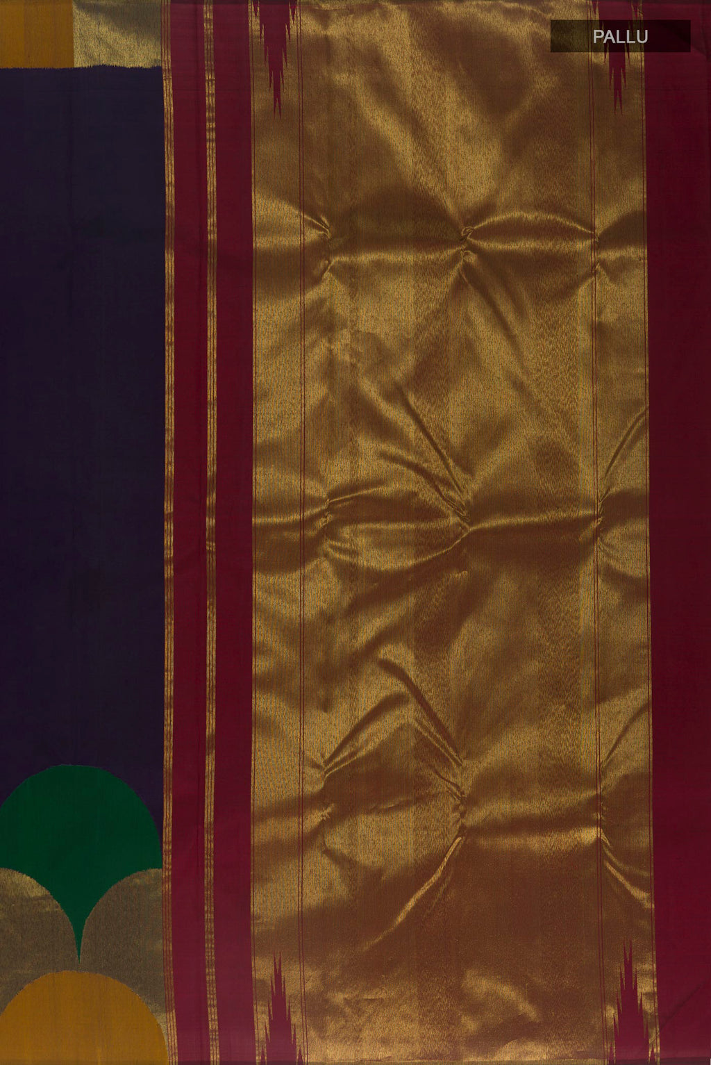 Close up image of the pallu of Pure Silk Navy Blue Kanchipuram Saree with Plain Body and Fancy Border. 