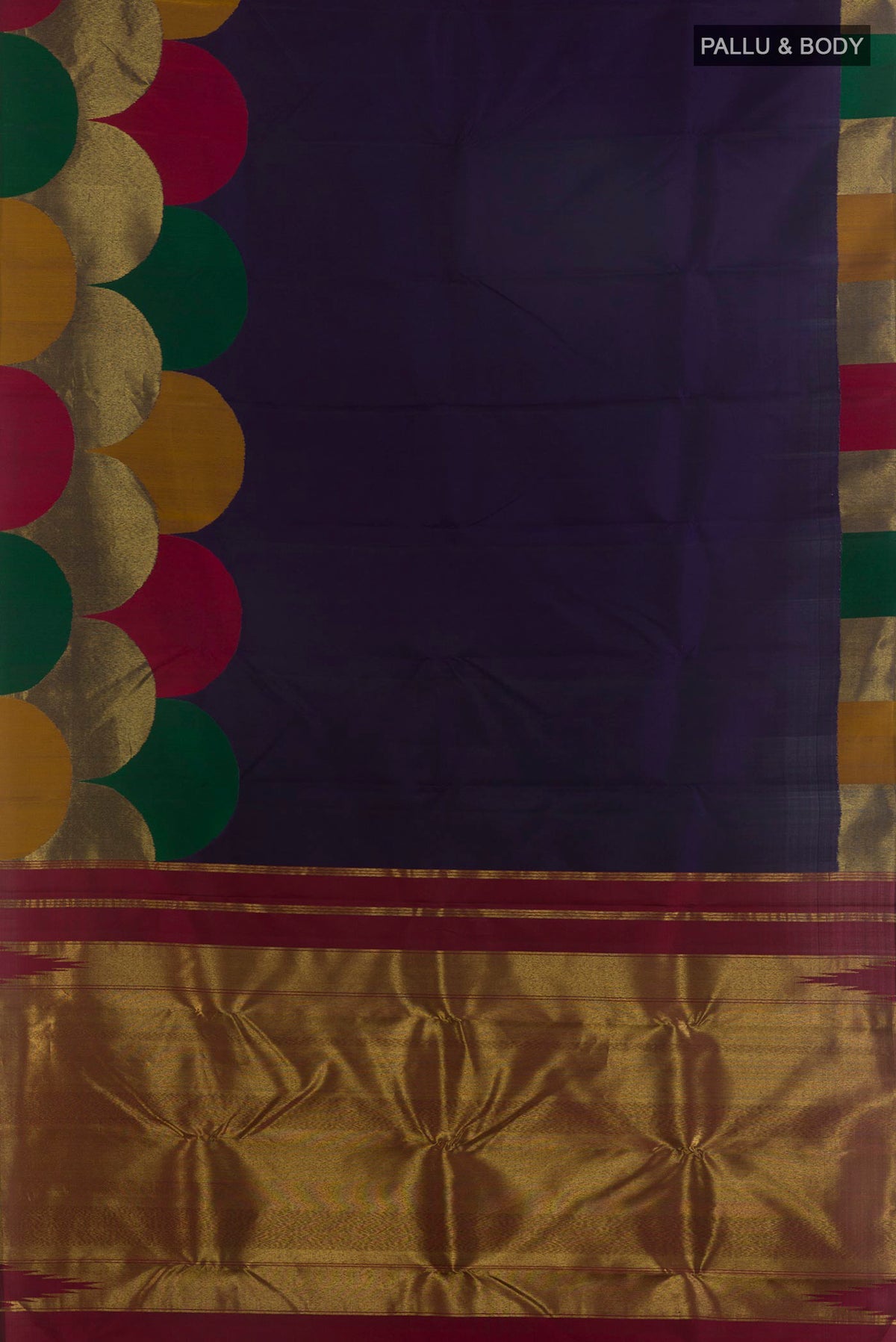 Flat view of Pure Silk Navy Blue Kanchipuram Saree with Plain Body and Fancy Border. 