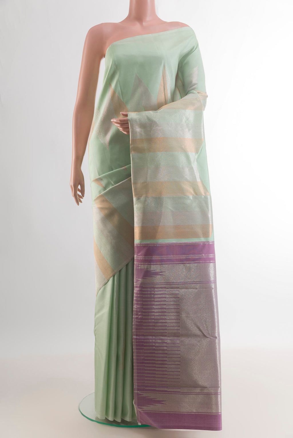Pure Silk Mint Green Kanchipuram Saree with Fancy on the body and Without Border.  displayed on a mannequin