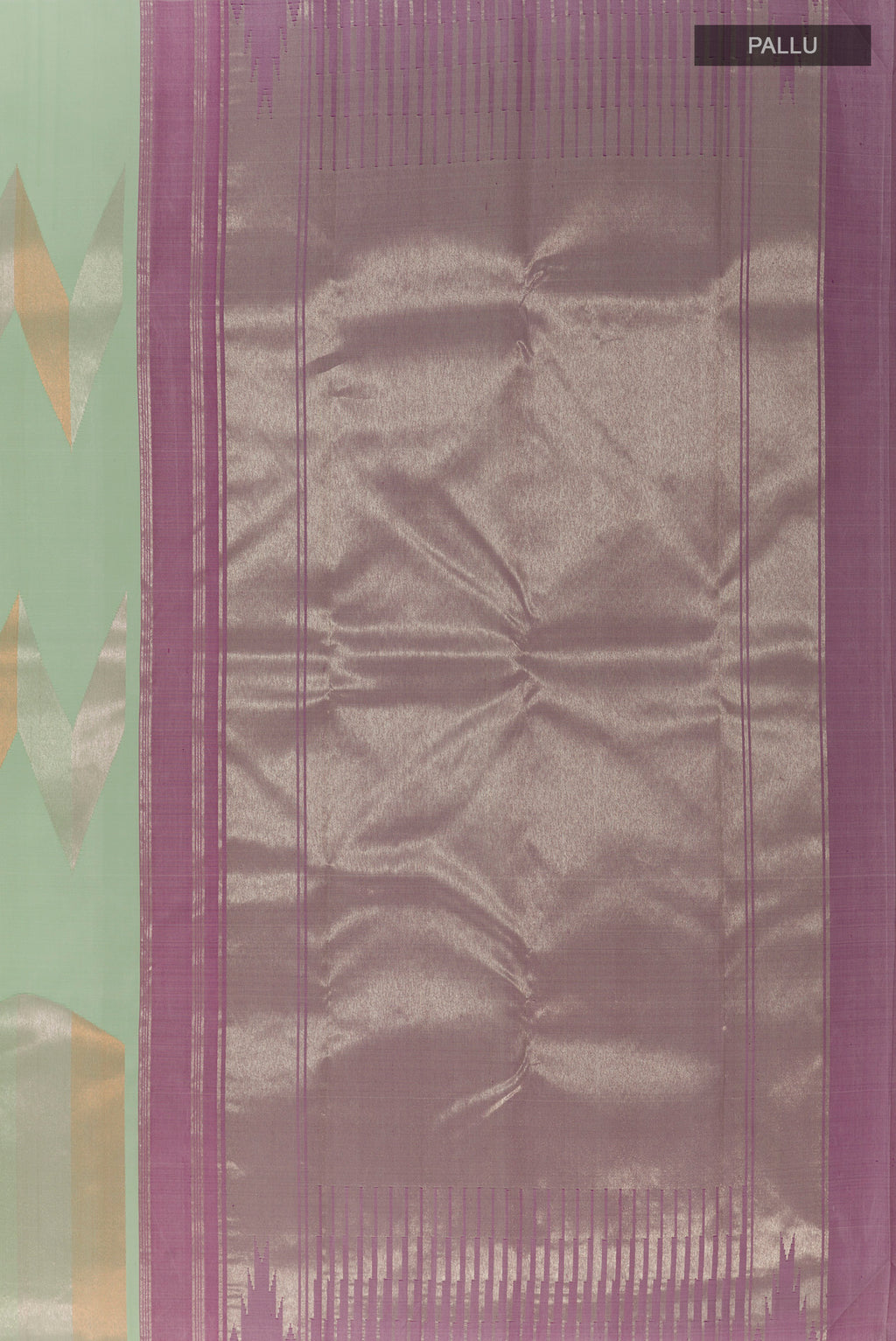 Close up image of the pallu of Pure Silk Mint Green Kanchipuram Saree with Fancy on the body and Without Border. 