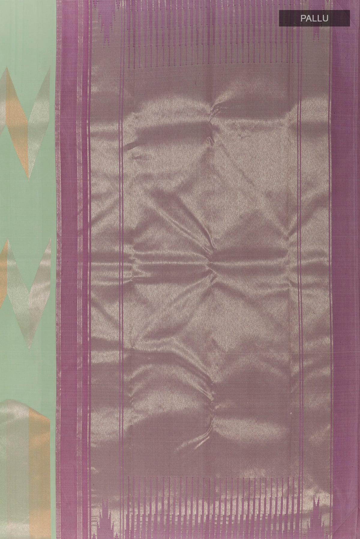 Close up image of the pallu of Pure Silk Mint Green Kanchipuram Saree with Fancy on the body and Without Border. 