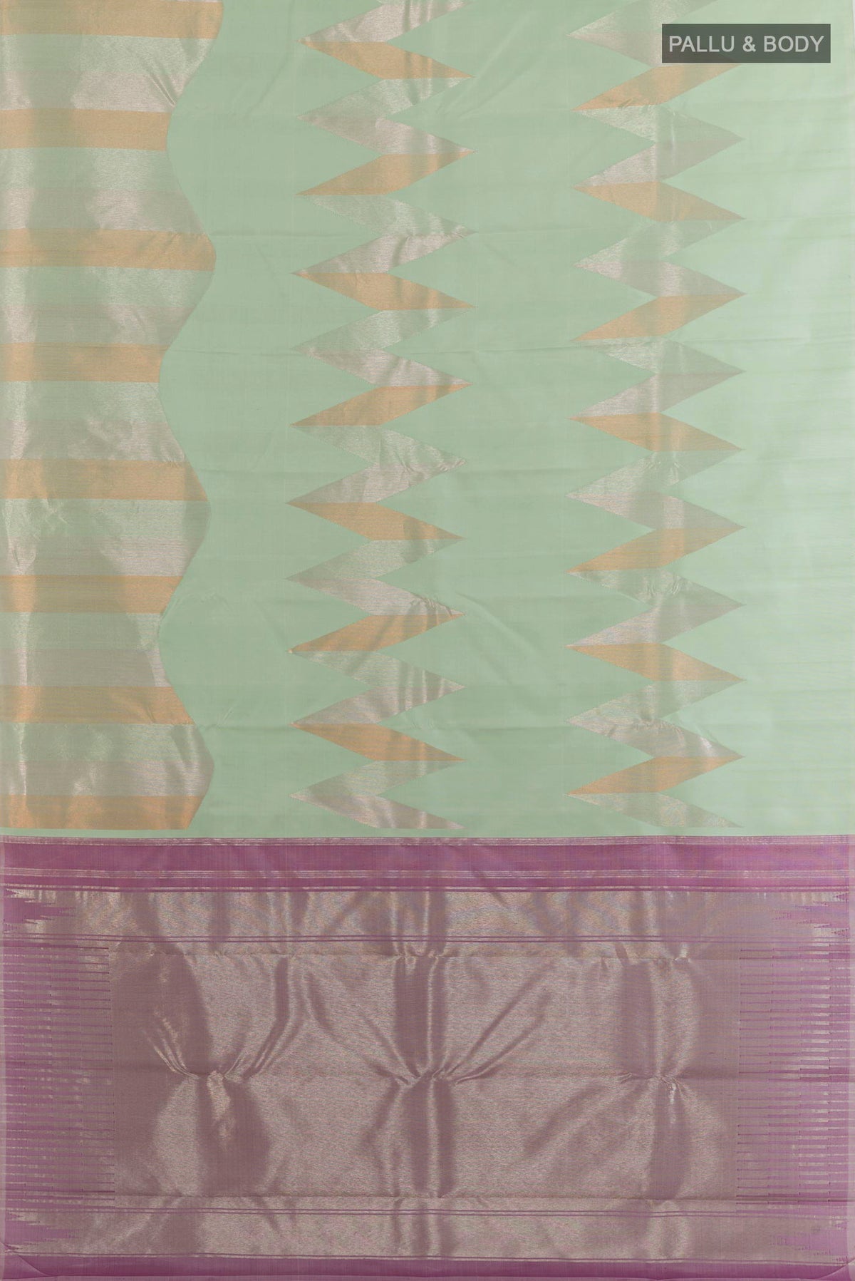 Flat view of Pure Silk Mint Green Kanchipuram Saree with Fancy on the body and Without Border. 